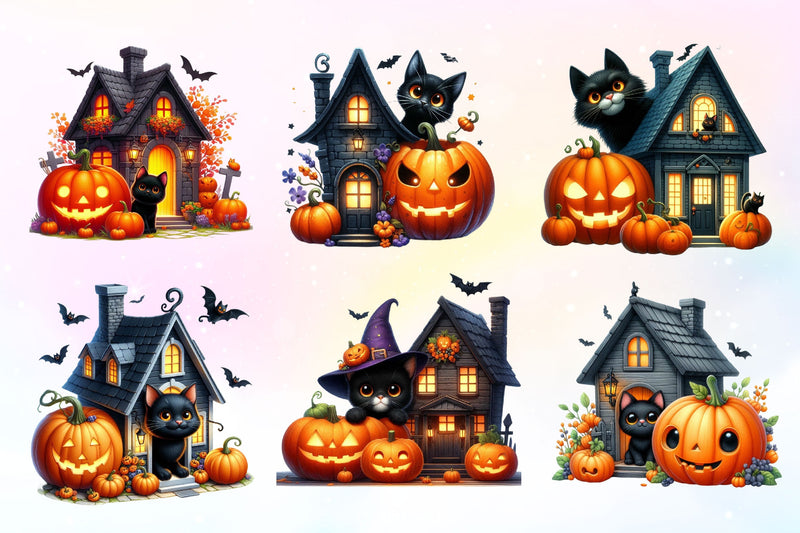 Halloween Black Cat With House Clipart Bundle - CraftNest - Digital Crafting and Art