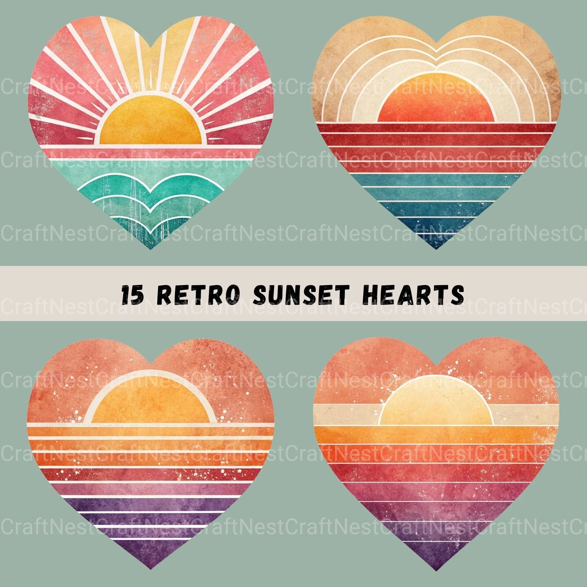 Retro Sunset Hearts Clipart Bundle - CraftNest - Digital Crafting and Art