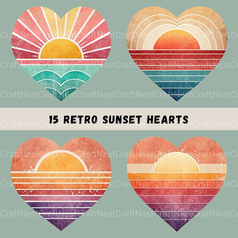 Retro Sunset Hearts Clipart Bundle - CraftNest - Digital Crafting and Art