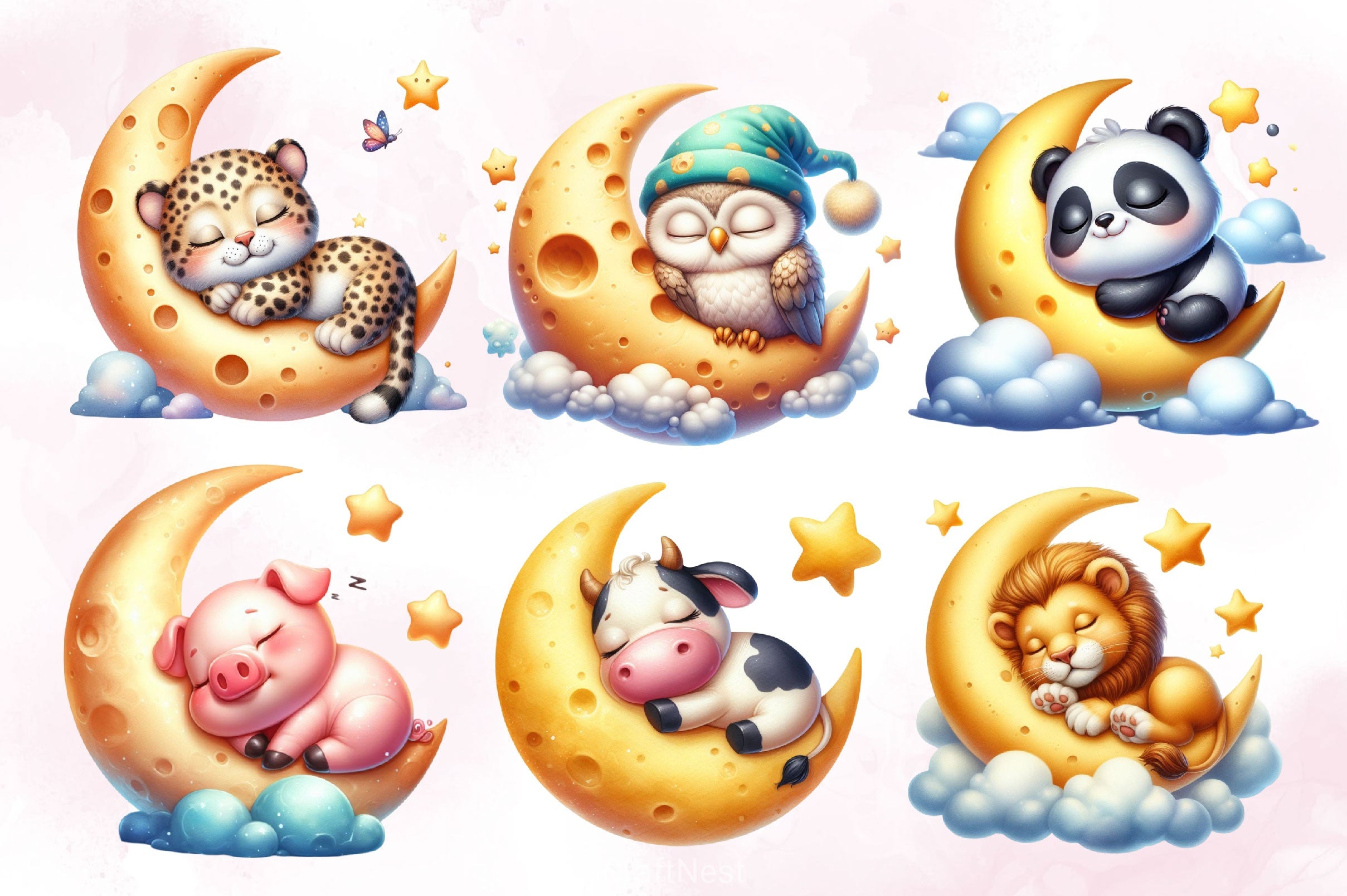 Cute Animals Sleep On Moon Clipart Bundle 2 - CraftNest - Digital Crafting and Art