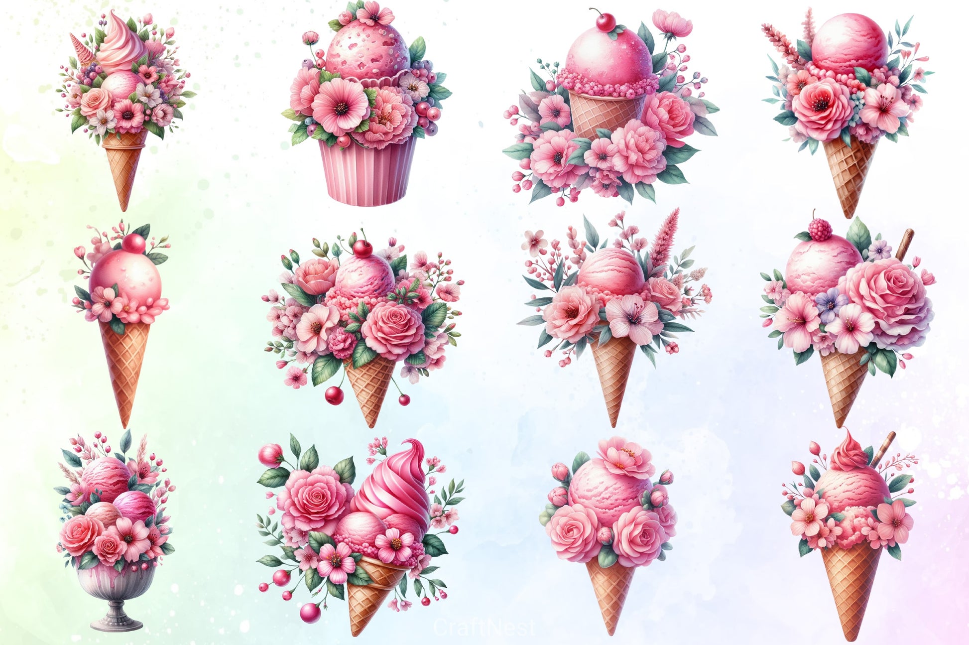 Pink Floral Ice Cream Clipart Bundle 1 - CraftNest - Digital Crafting and Art