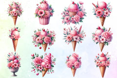 Pink Floral Ice Cream Clipart Bundle 1 - CraftNest - Digital Crafting and Art