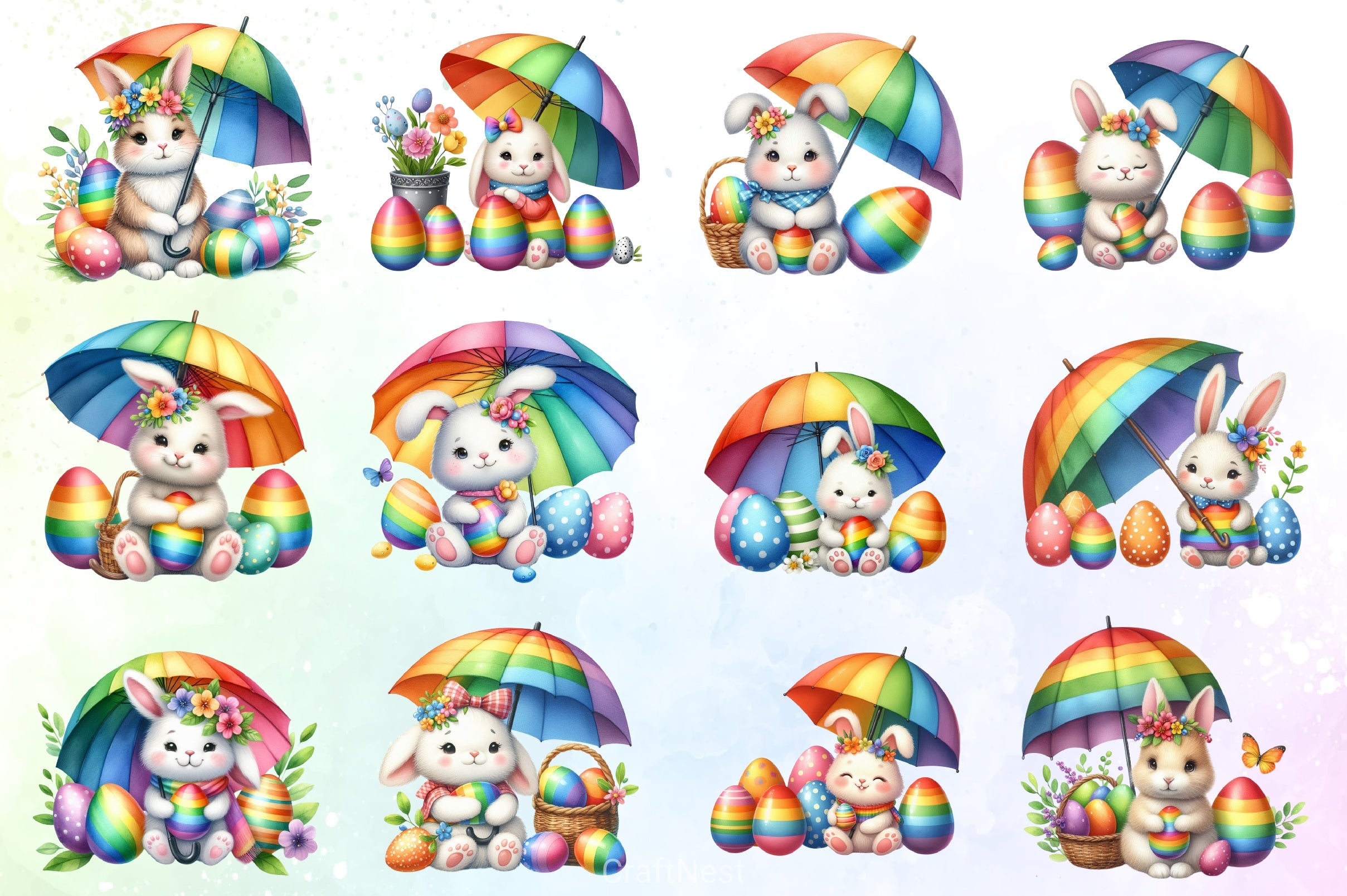 Easter Bunny Rainbow Umbrella Clipart Bundle - CraftNest - Digital Crafting and Art