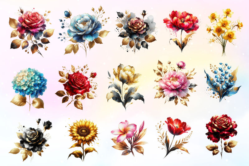 Gold Alcohol Ink Flowers Clipart Bundle - CraftNest - Digital Crafting and Art