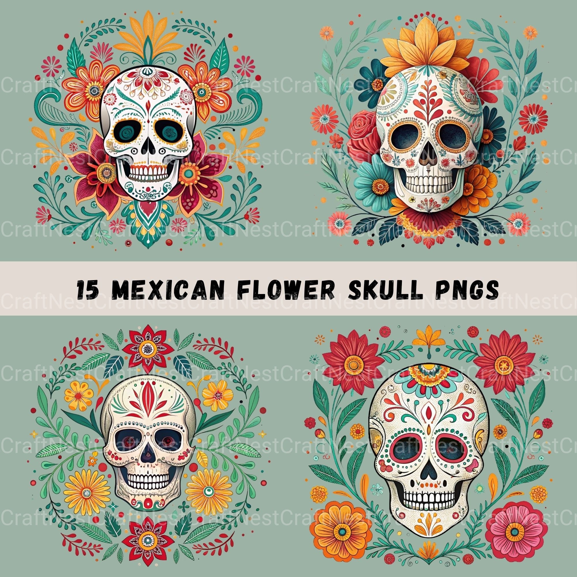 Mexican Floral Skulls Clipart Bundle - CraftNest - Digital Crafting and Art