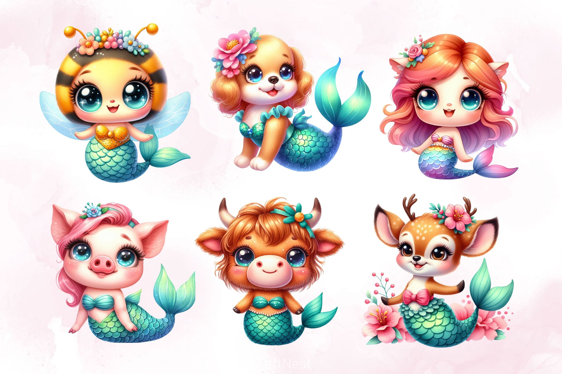 Cute Animals Mermaid Clipart Bundle - CraftNest - Digital Crafting and Art