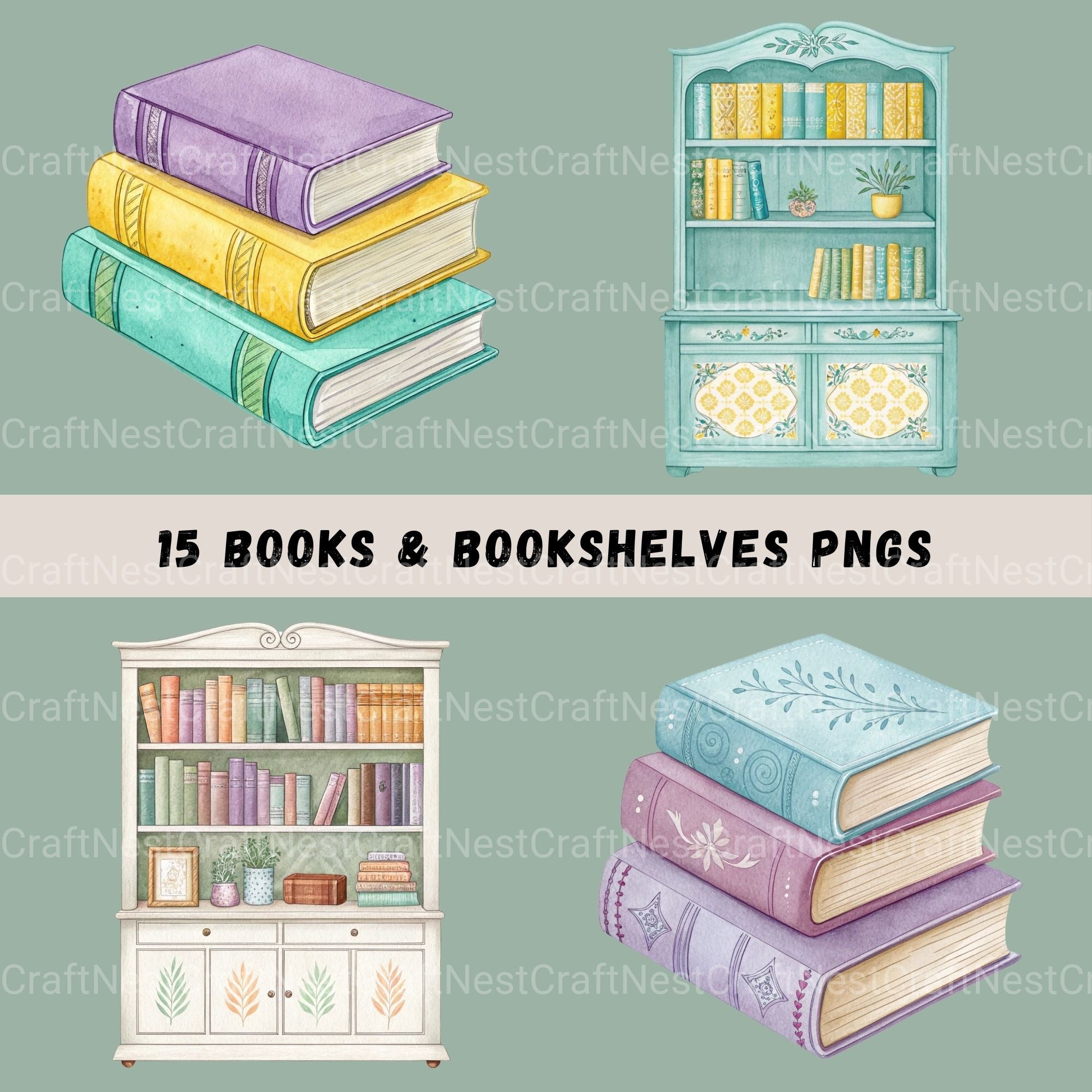 Books & Bookshelves Clipart Bundle - CraftNest - Digital Crafting and Art