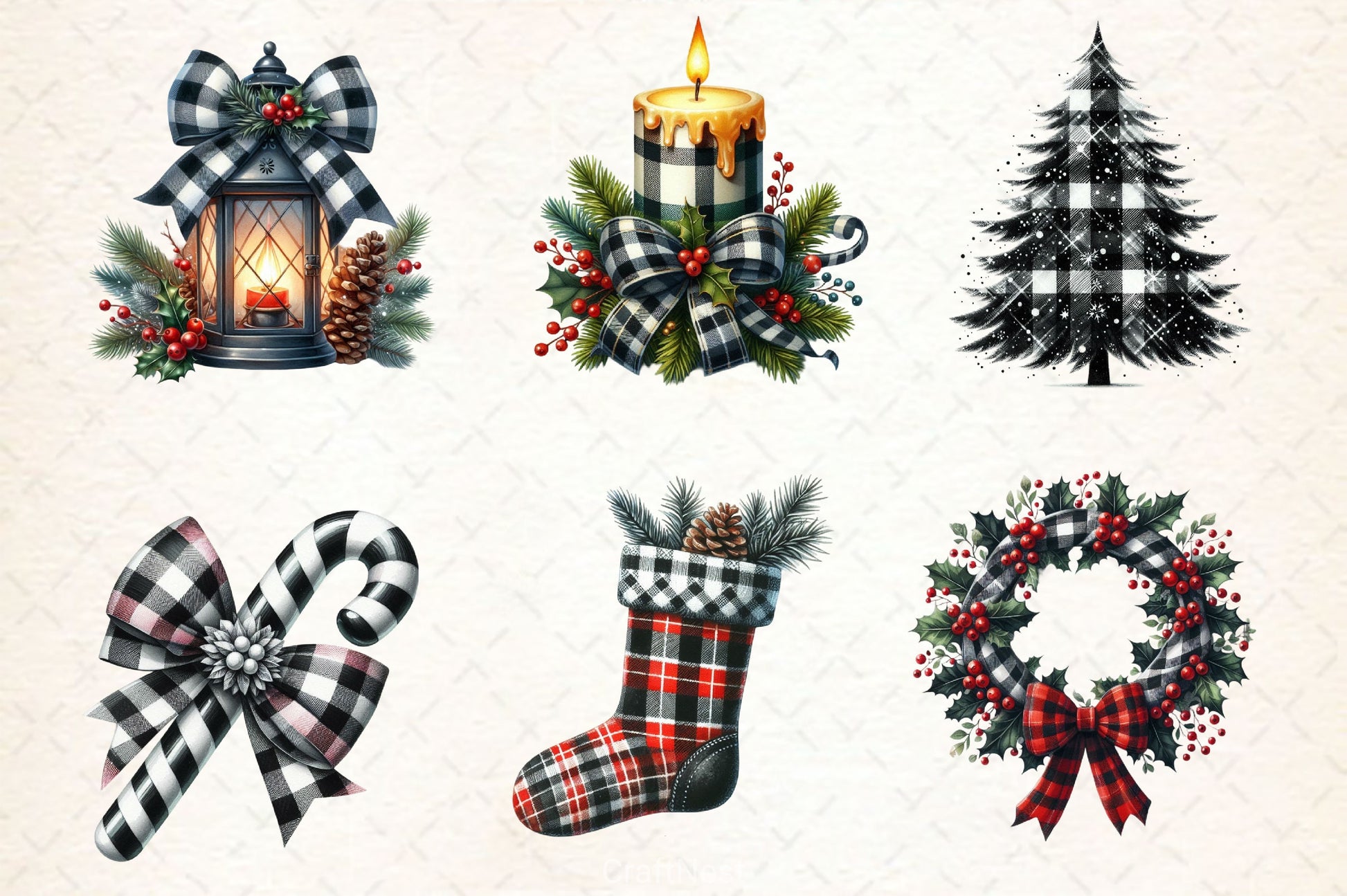 Black & White Plaid Christmas Clipart Bundle 2 - CraftNest - Digital Crafting and Art