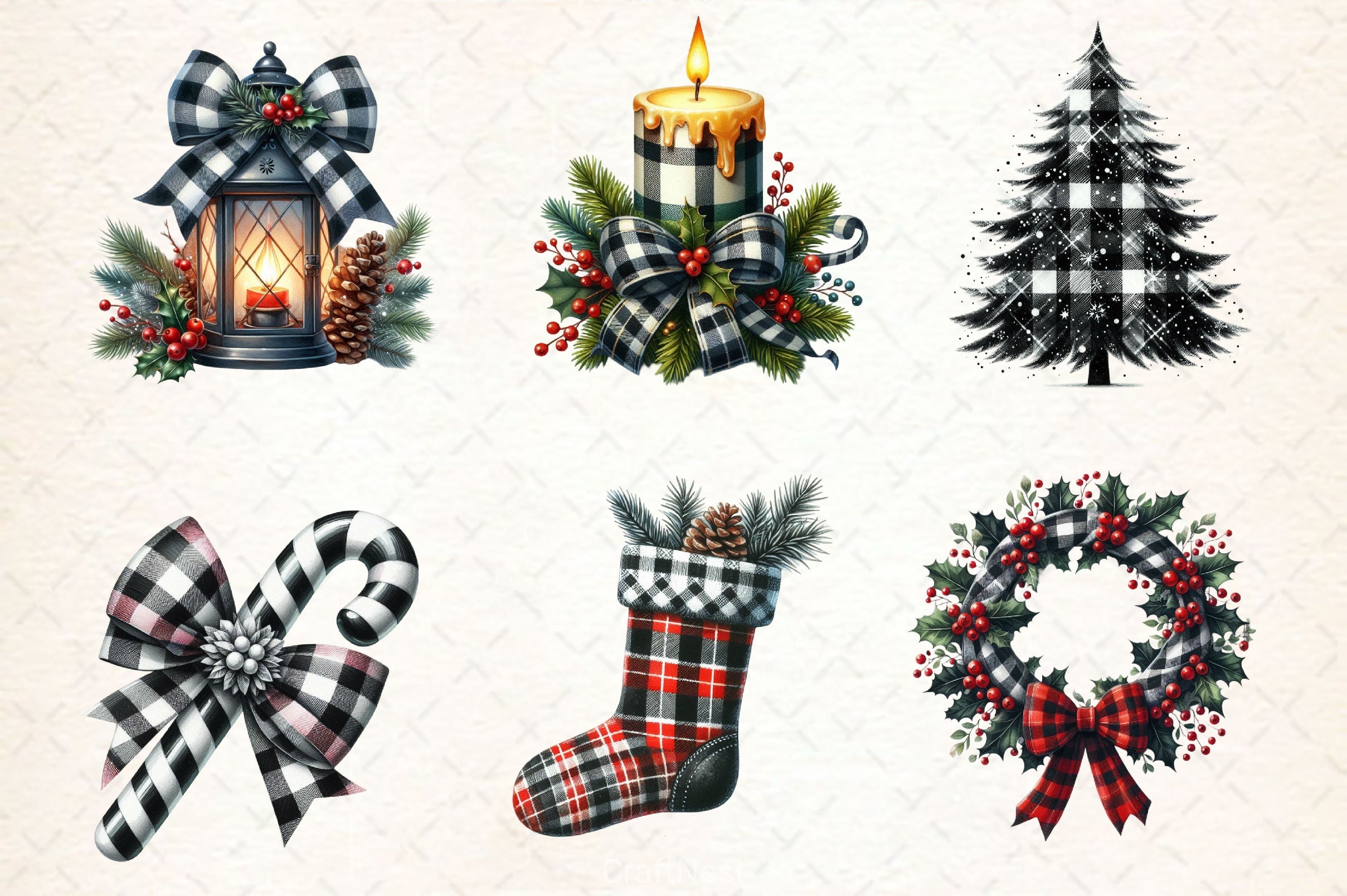 Black & White Plaid Christmas Clipart Bundle 2 - CraftNest - Digital Crafting and Art