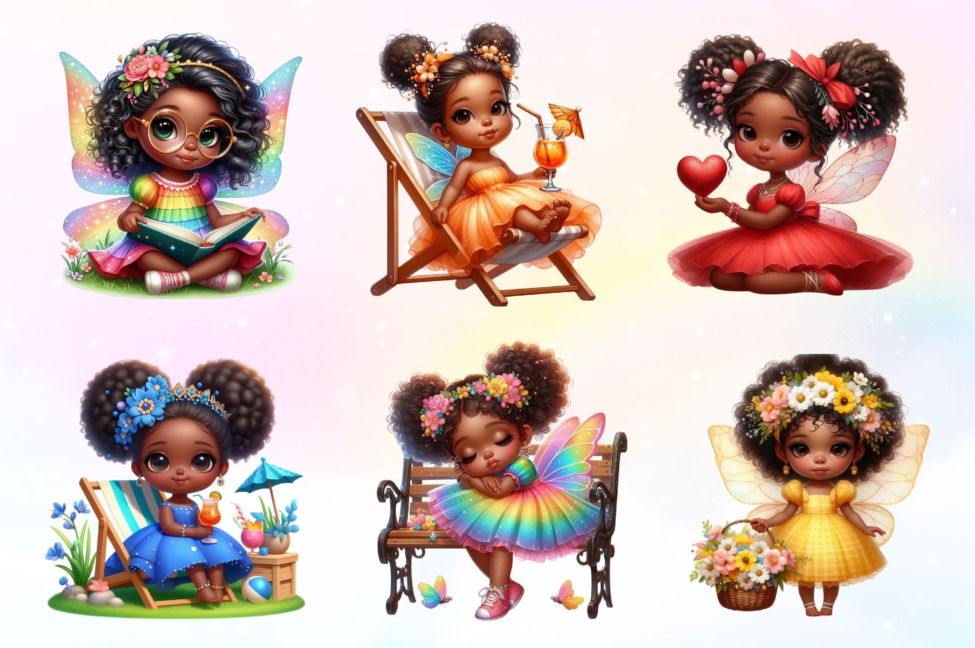 Little Black Fairy African Girl Watercolor Clipart Bundle - CraftNest - Digital Crafting and Art