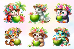 Summer Animals Eating Green Coconut Clipart Bundle 2 - CraftNest - Digital Crafting and Art