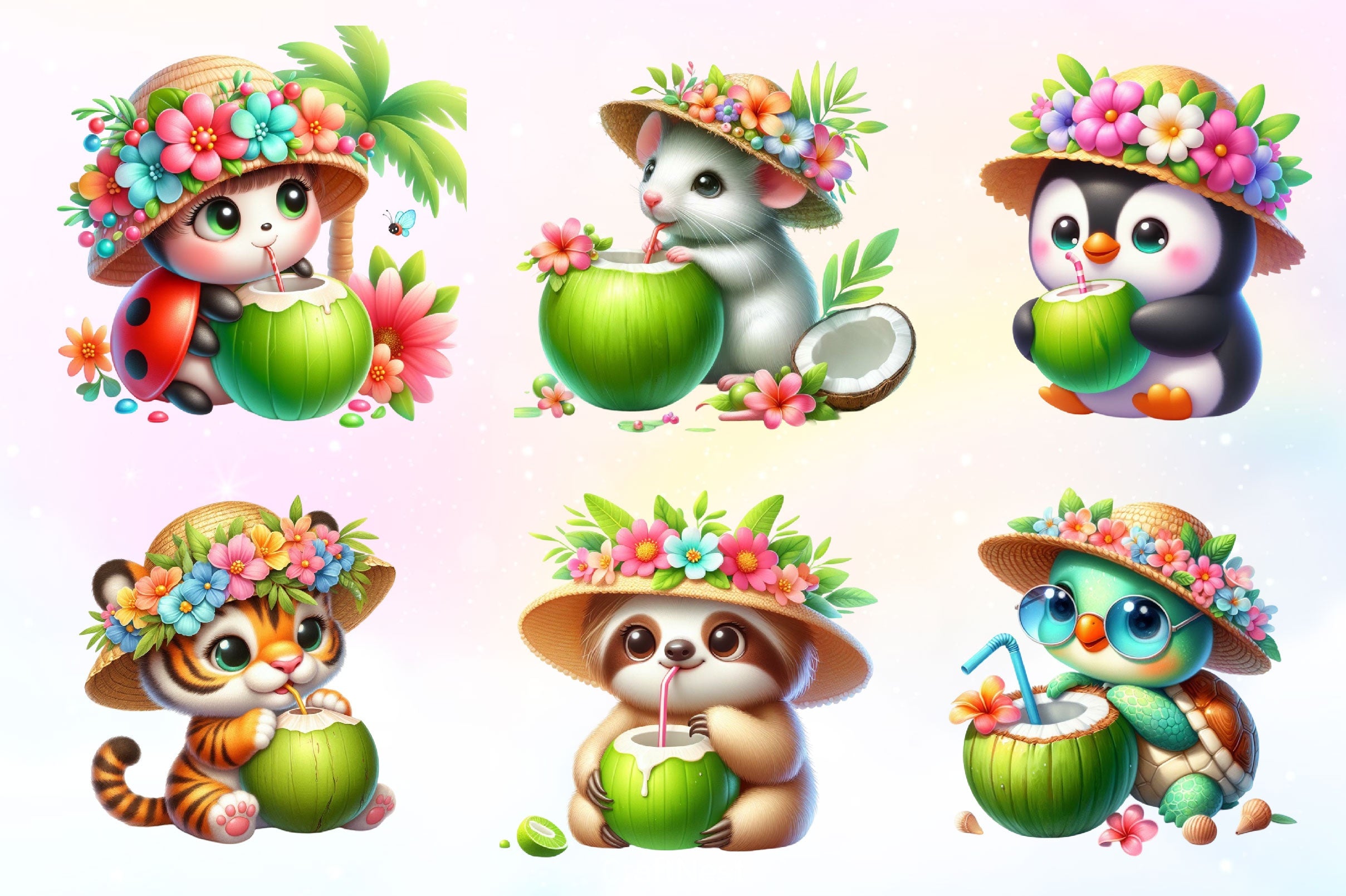Summer Animals Eating Green Coconut Clipart Bundle 2 - CraftNest - Digital Crafting and Art