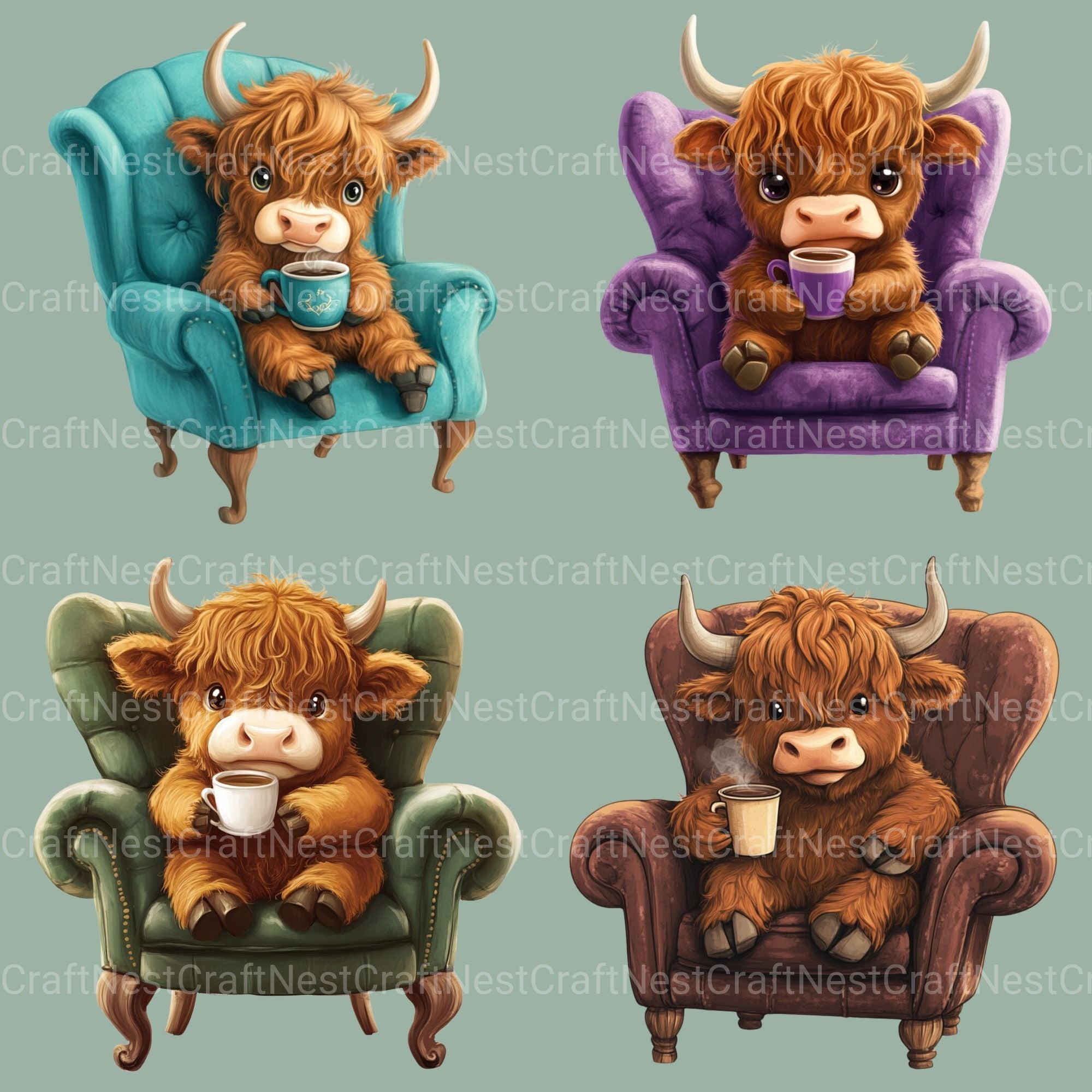 Highland Cow Drinking Coffee Clipart Bundle - CraftNest - Digital Crafting and Art