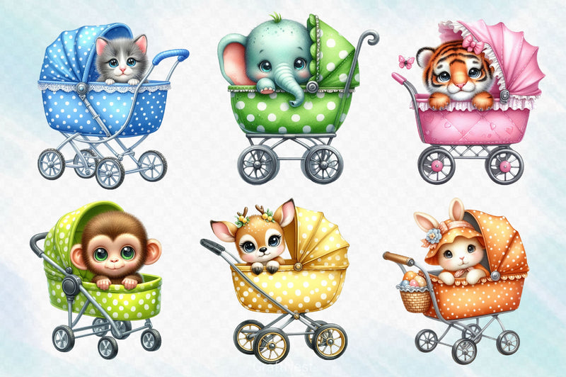 Peeking Baby Animals In Stroller Clipart Bundle - CraftNest - Digital Crafting and Art