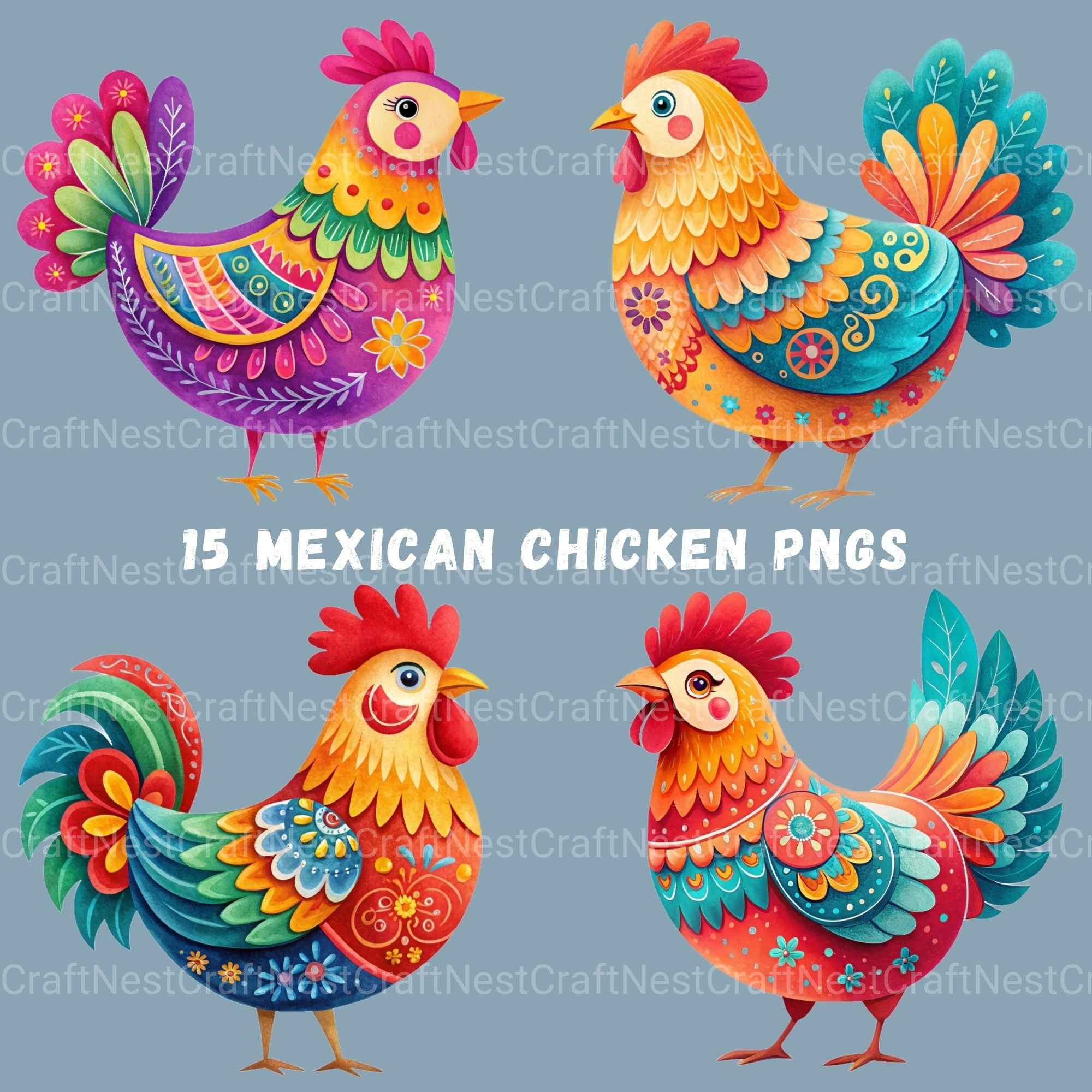 Mexico Inspired Chickens Clipart Bundle - CraftNest - Digital Crafting and Art