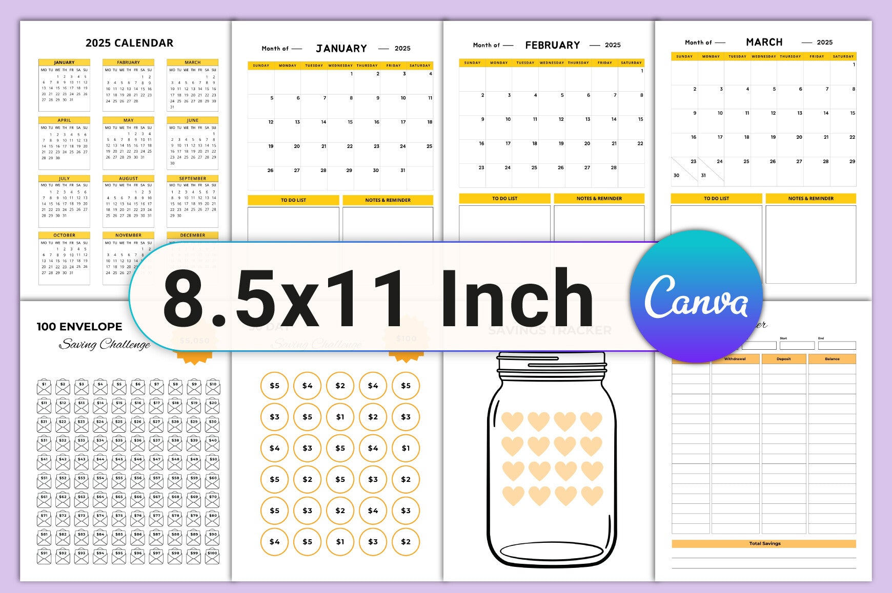 Money Saving Challenge Planner Editable Template