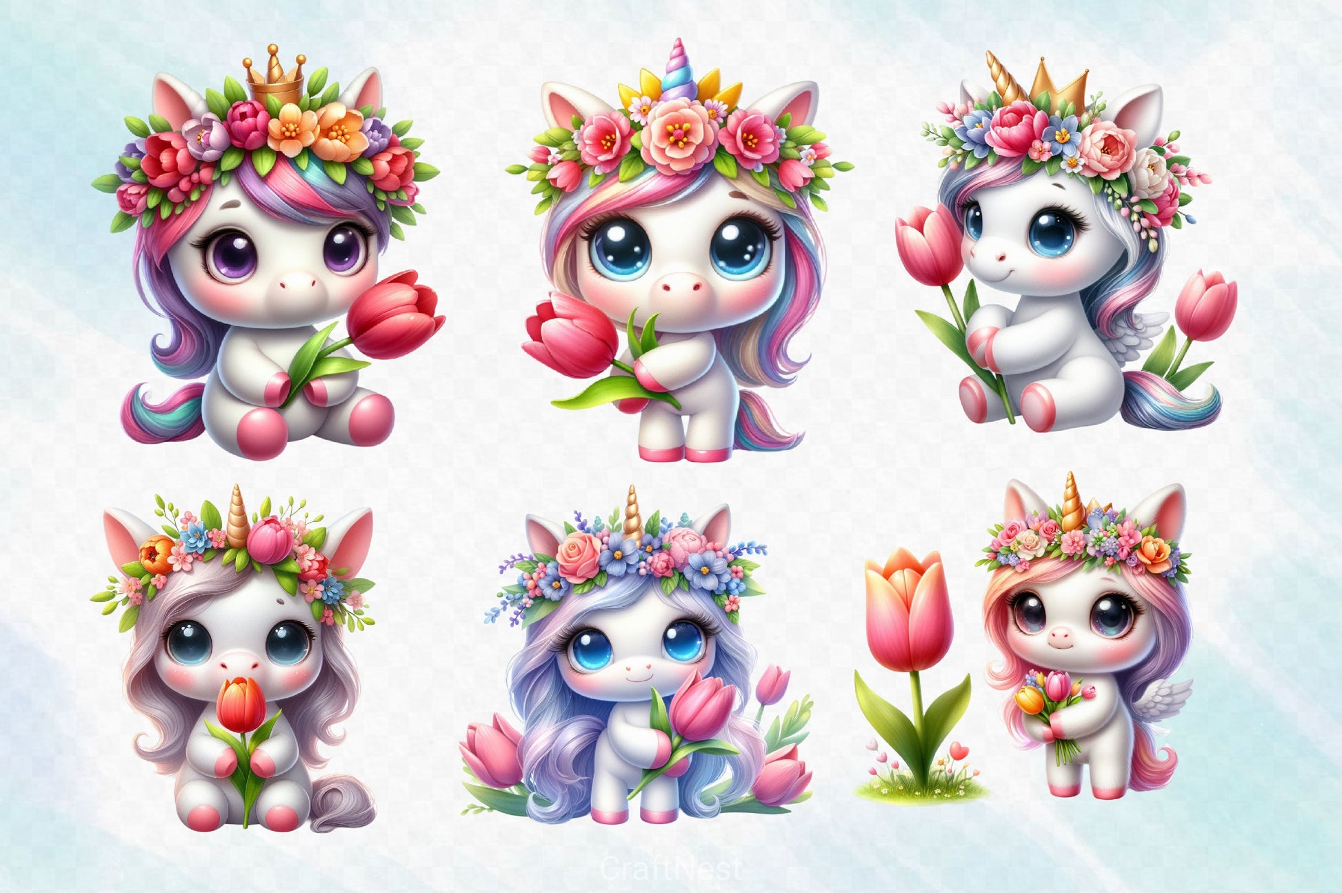 Cute Unicorns With Tulip Flowers Clipart Bundle - CraftNest - Digital Crafting and Art