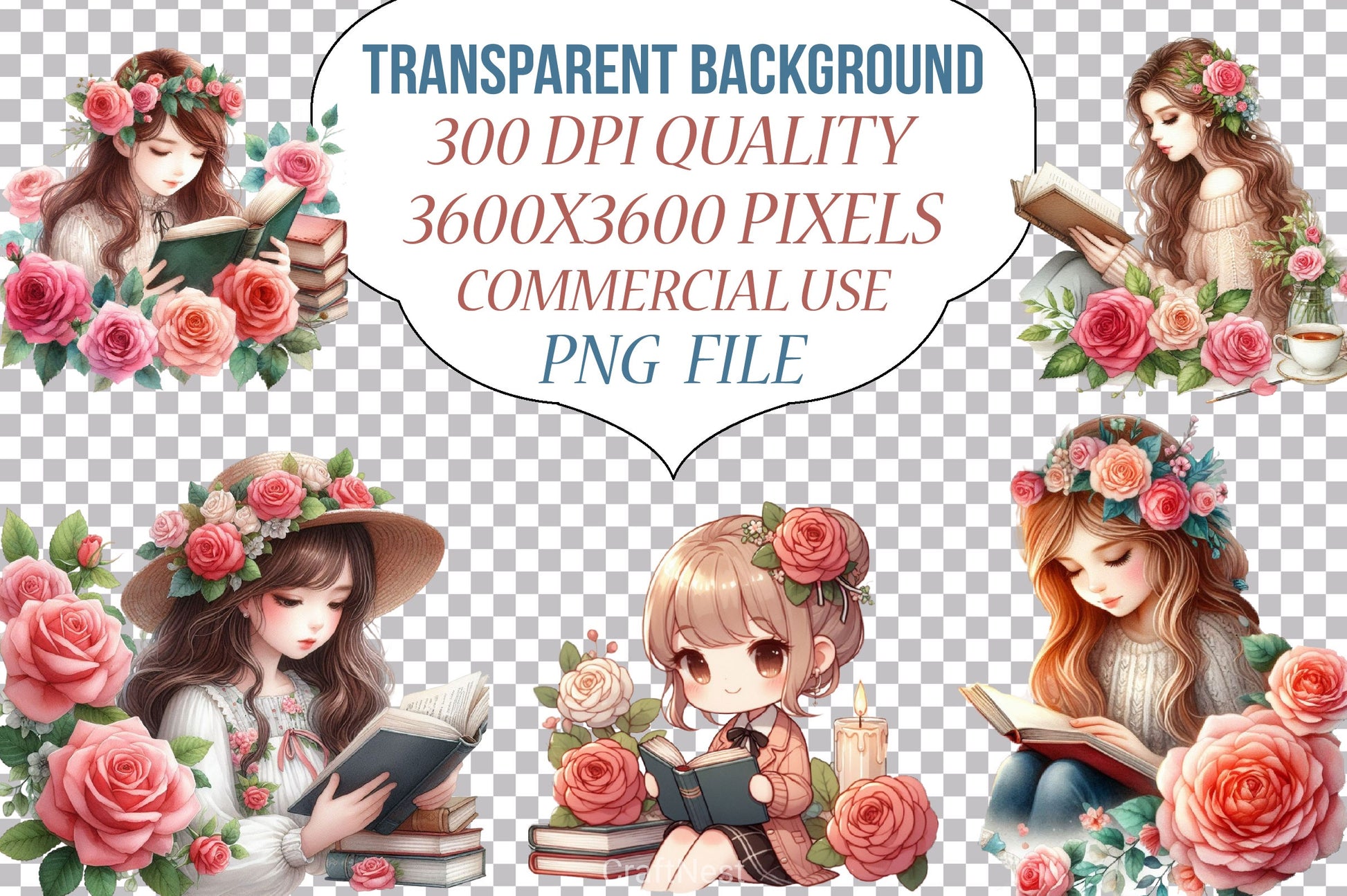 Beautiful Girl Reading Clipart Bundle - CraftNest - Digital Crafting and Art