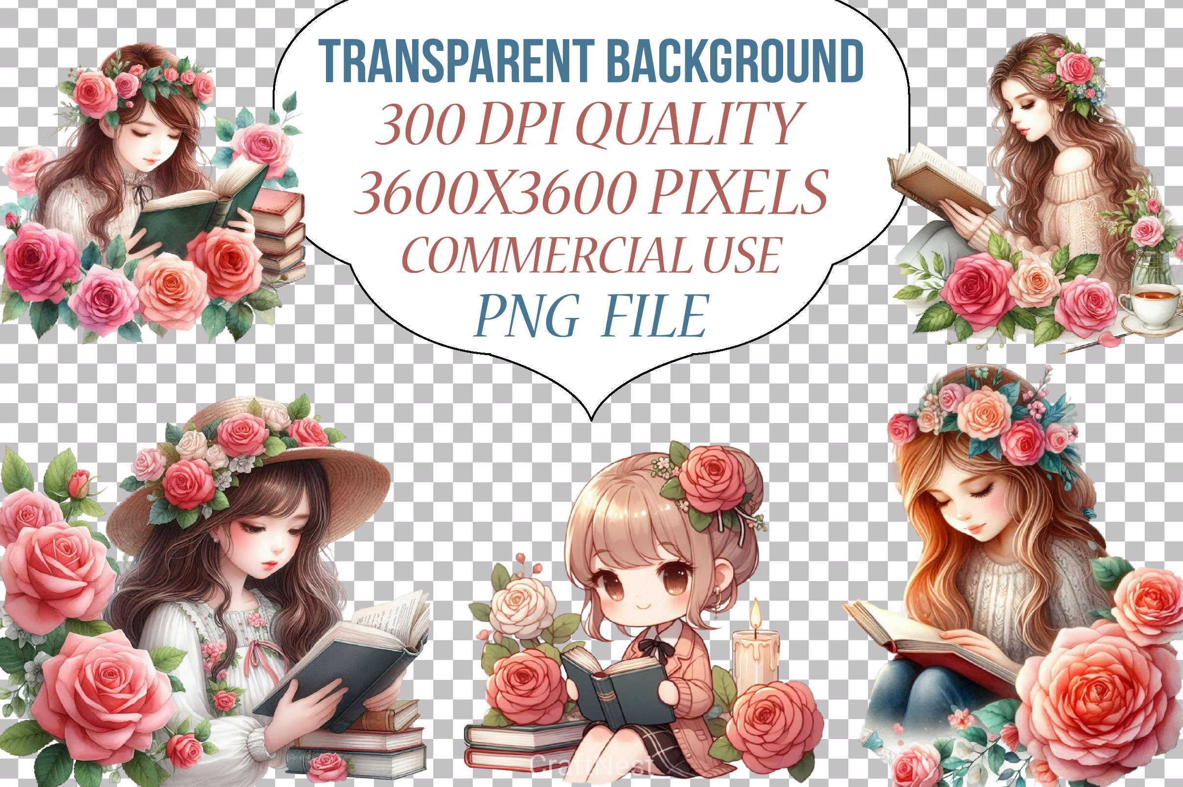 Beautiful Girl Reading Clipart Bundle - CraftNest - Digital Crafting and Art