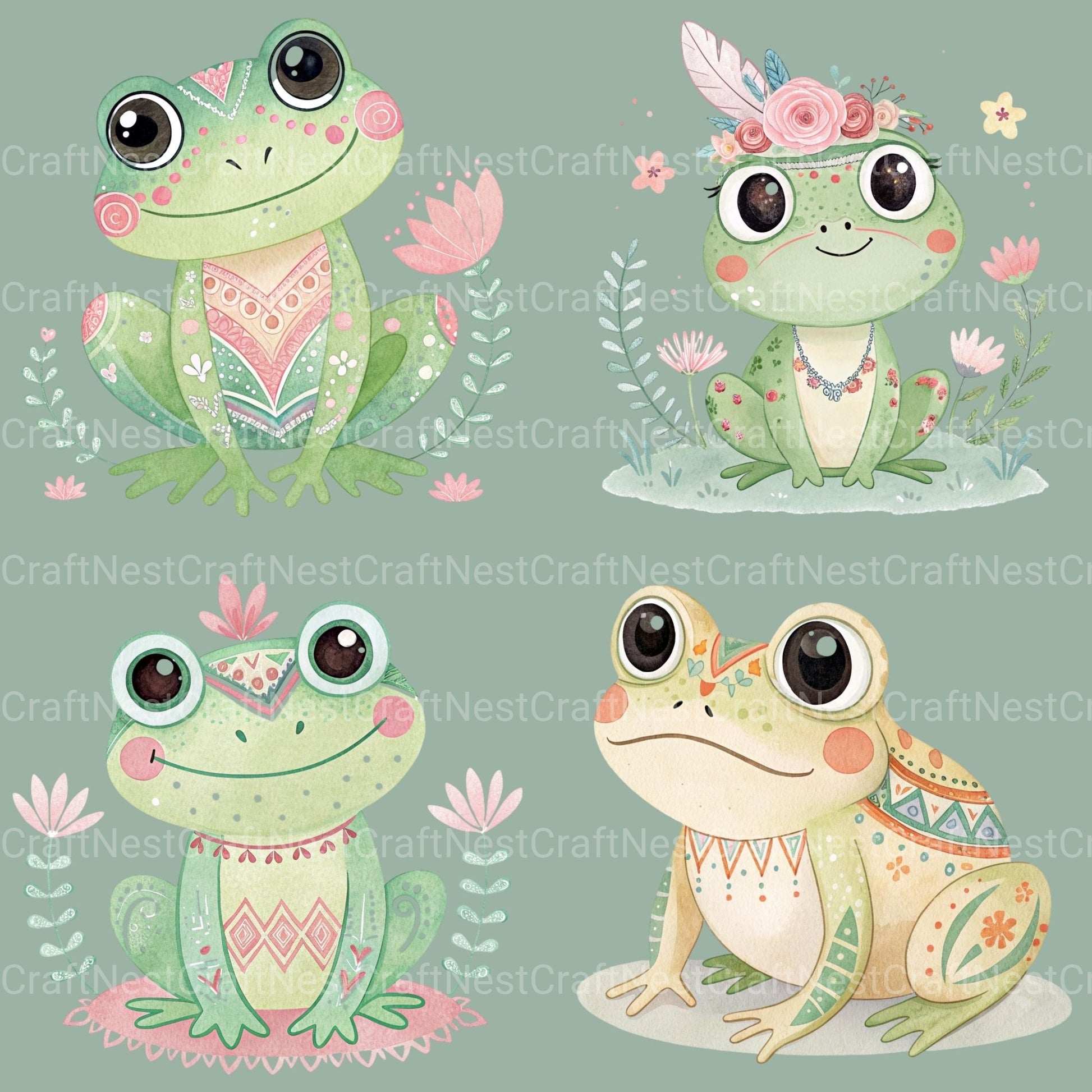 Boho Frogs Clipart Bundle - CraftNest - Digital Crafting and Art