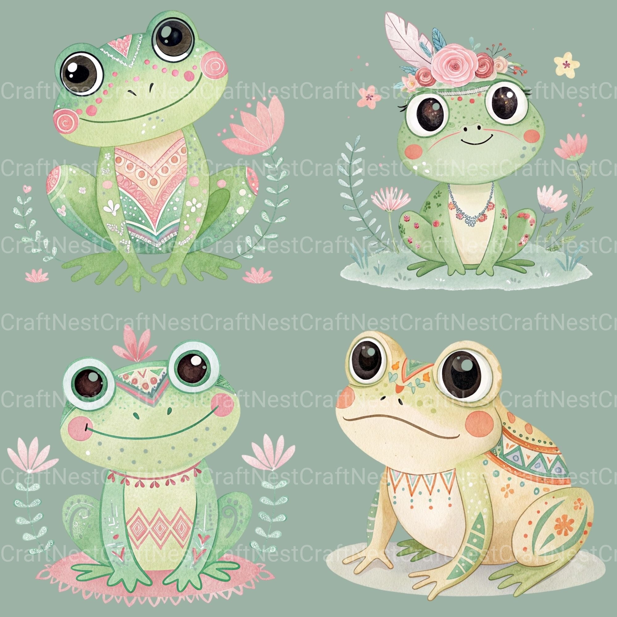 Boho Frogs Clipart Bundle - CraftNest - Digital Crafting and Art