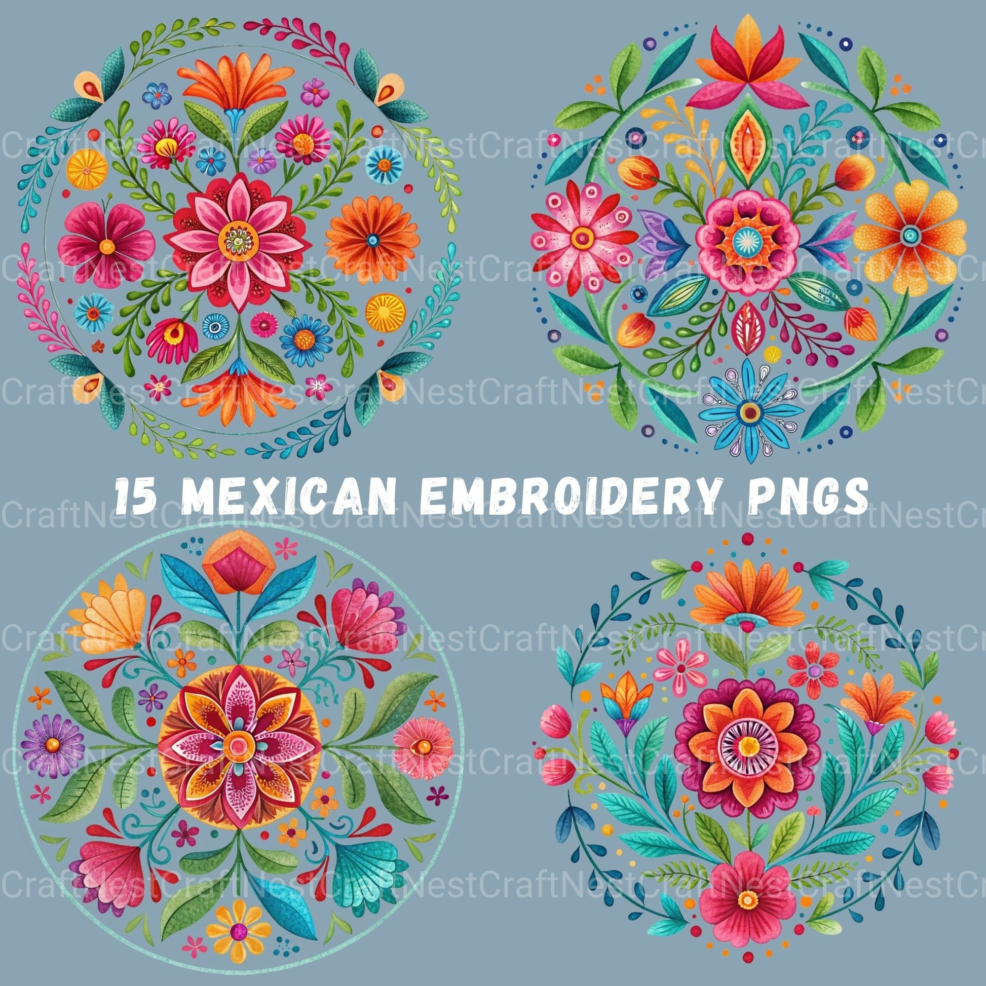 Mexican Embroidery Flowers Clipart Bundle - CraftNest - Digital Crafting and Art