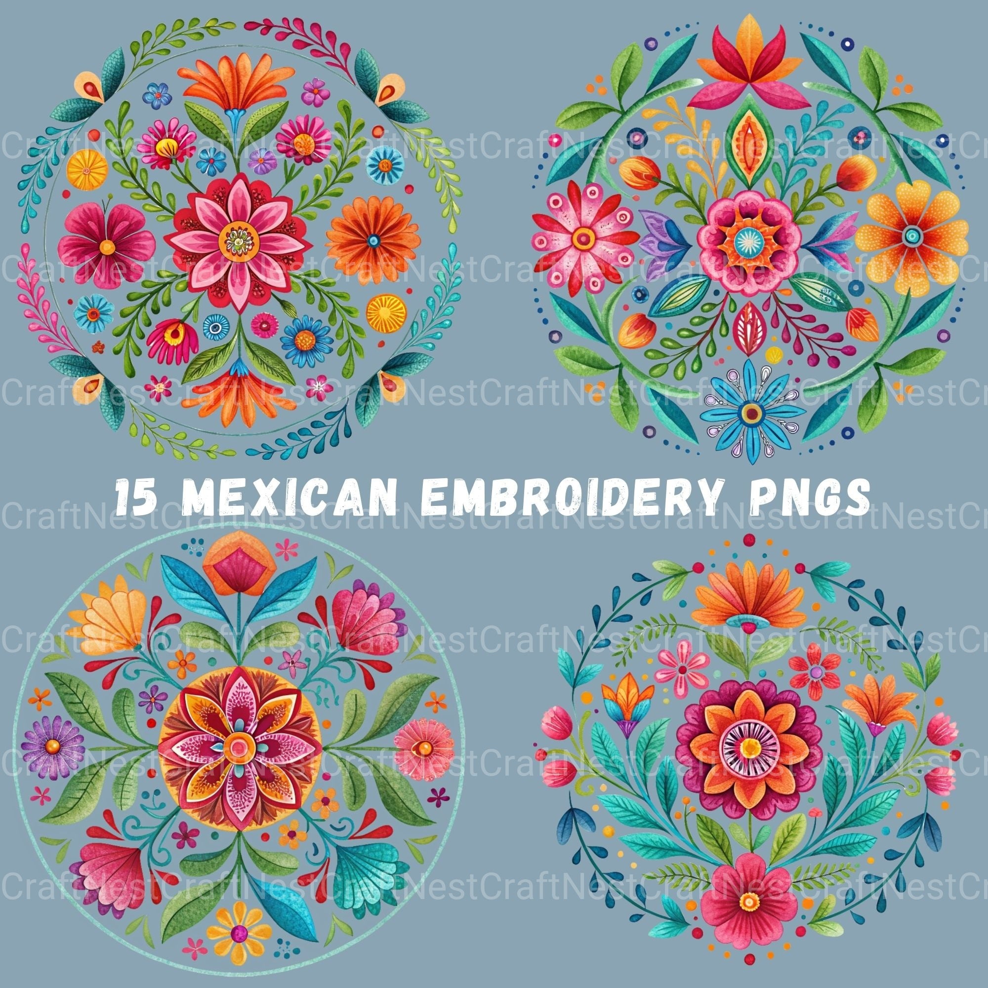 Mexican Embroidery Flowers Clipart Bundle - CraftNest - Digital Crafting and Art