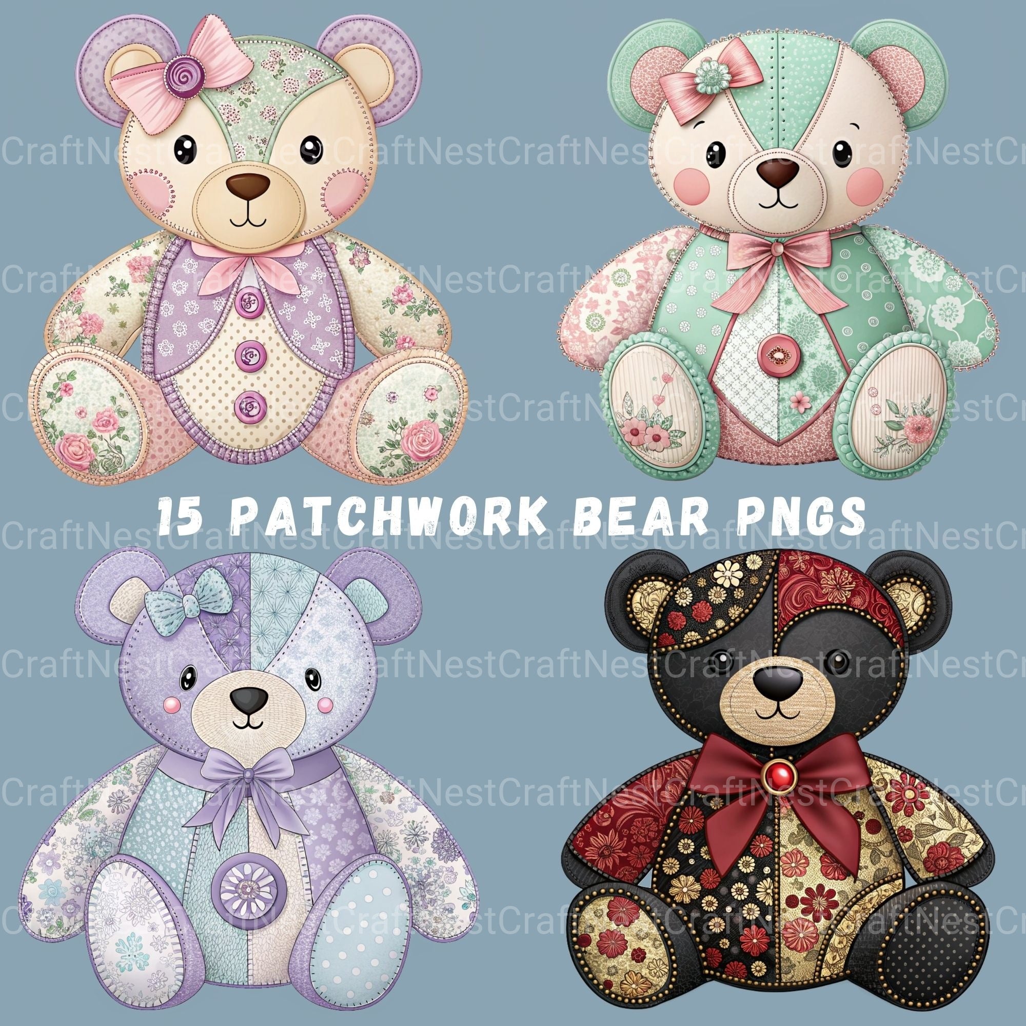 Patchwork Bears Clipart Bundle - CraftNest - Digital Crafting and Art
