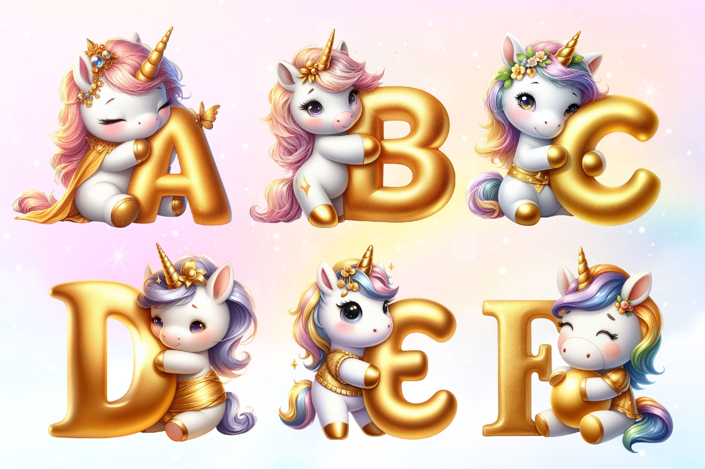 Cute Unicorn Gold Alphabet Clipart Bundle - CraftNest - Digital Crafting and Art