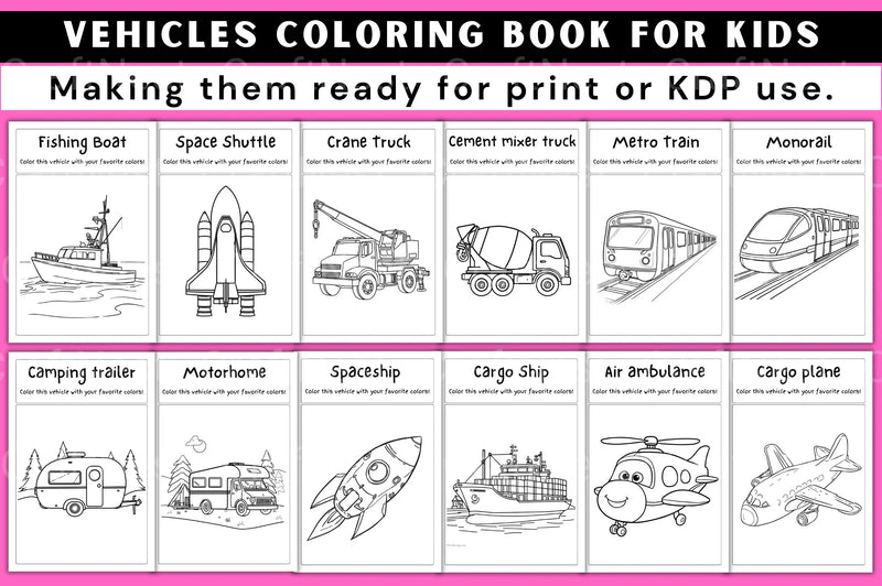 Vehicles Coloring Book for Kids - CraftNest - Digital Crafting and Art
