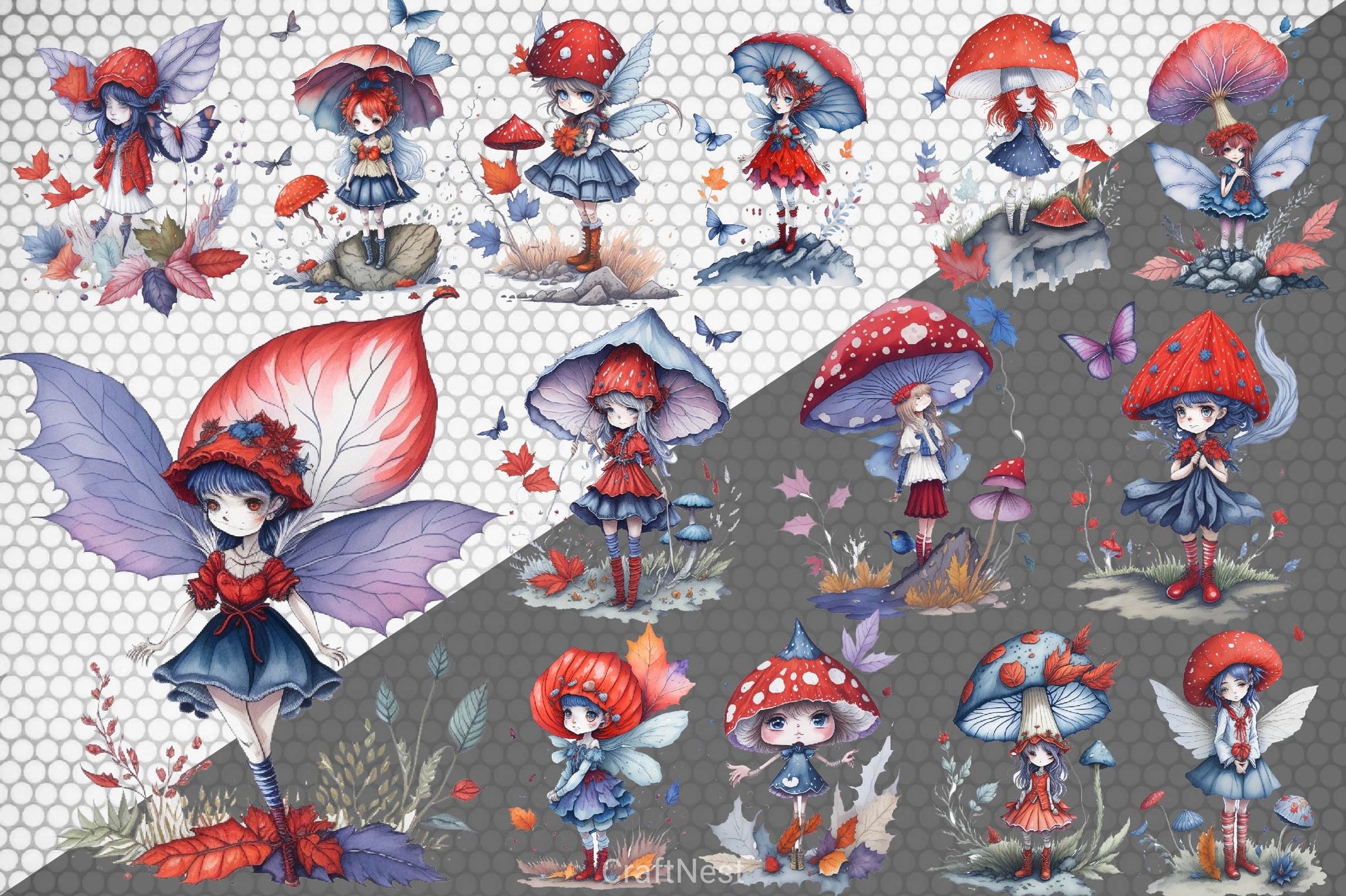 Fairy With Mushroom Red Blue Autumn Fall Fairy Clipart Bundle - CraftNest - Digital Crafting and Art