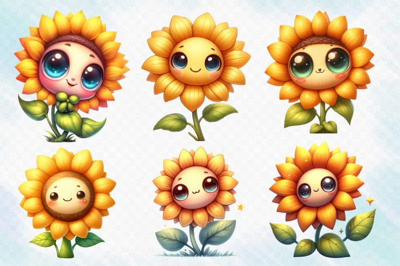 Cute Kawaii Sunflower Clipart Bundle 4 - CraftNest - Digital Crafting and Art