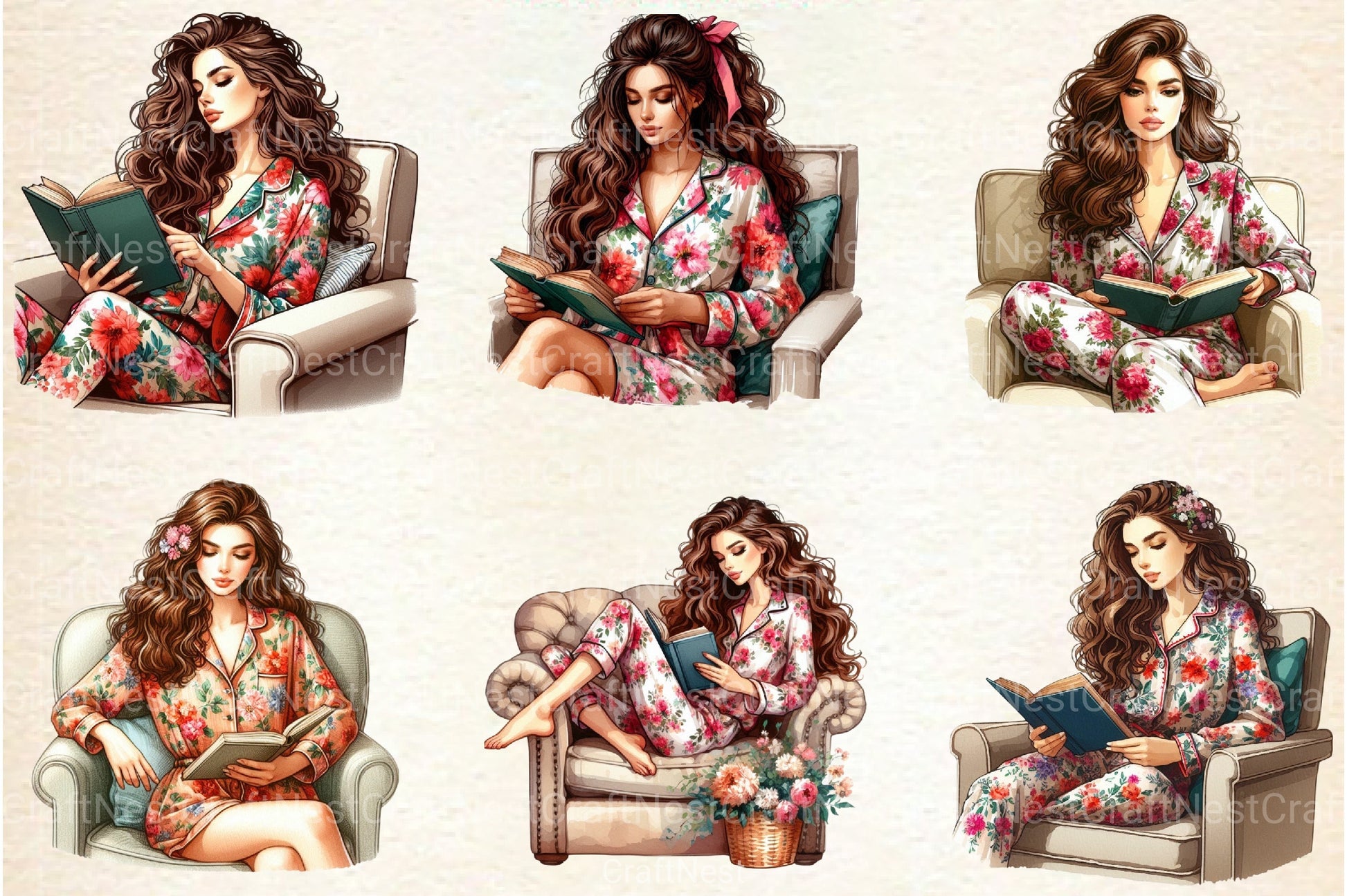 Christmas Winter Woman Reading on Sofa Clipart Bundle - CraftNest - Digital Crafting and Art