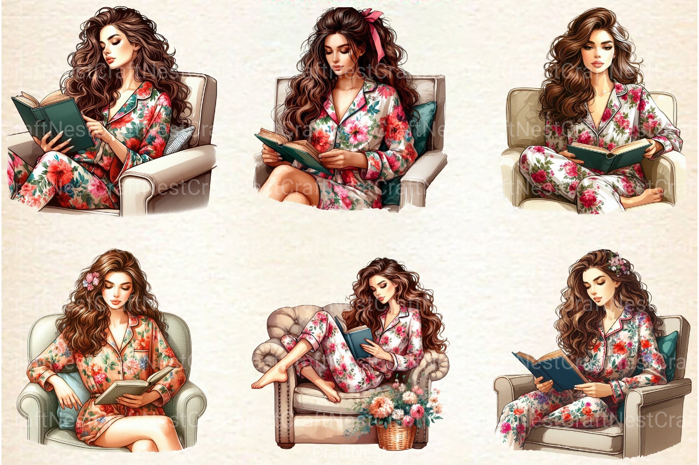 Christmas Winter Woman Reading on Sofa Clipart Bundle - CraftNest - Digital Crafting and Art