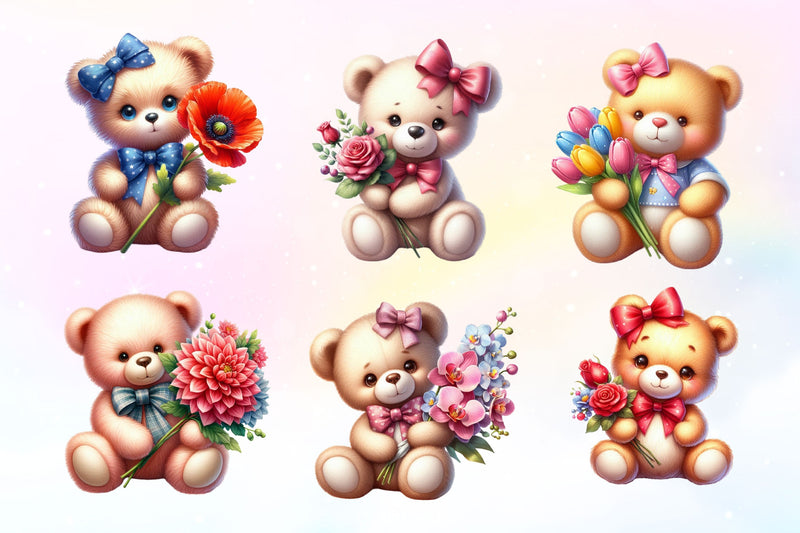 Teddy Bear Holding Flowers Clipart Bundle - CraftNest - Digital Crafting and Art