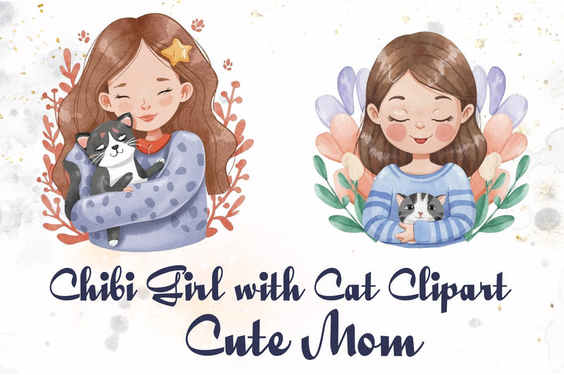 Chibi Girl With Cat Cute Mom Clipart Bundle - CraftNest - Digital Crafting and Art