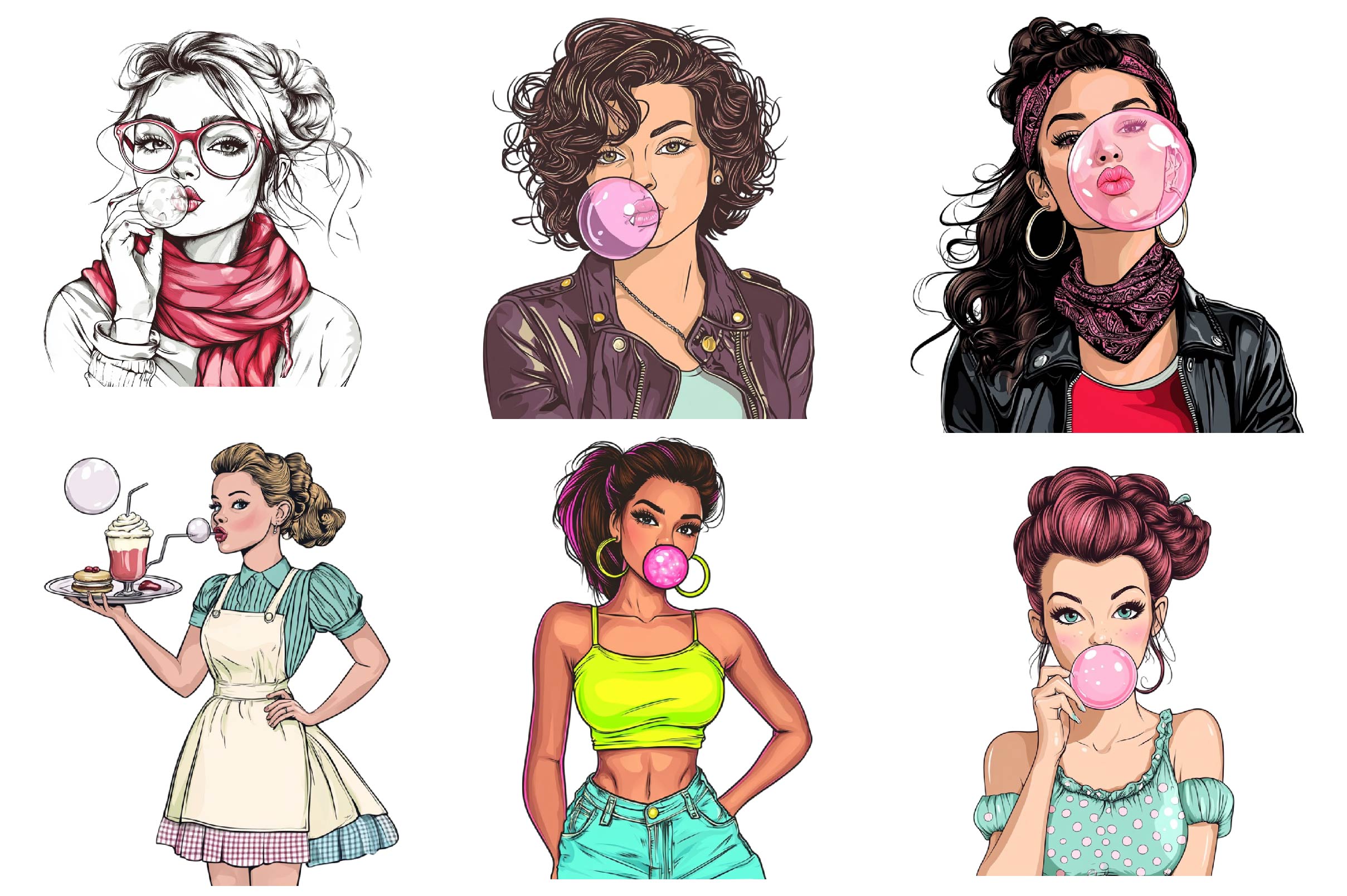 Retro Girl Blowing A Bubblegum Clipart Bundle 1 - CraftNest - Digital Crafting and Art