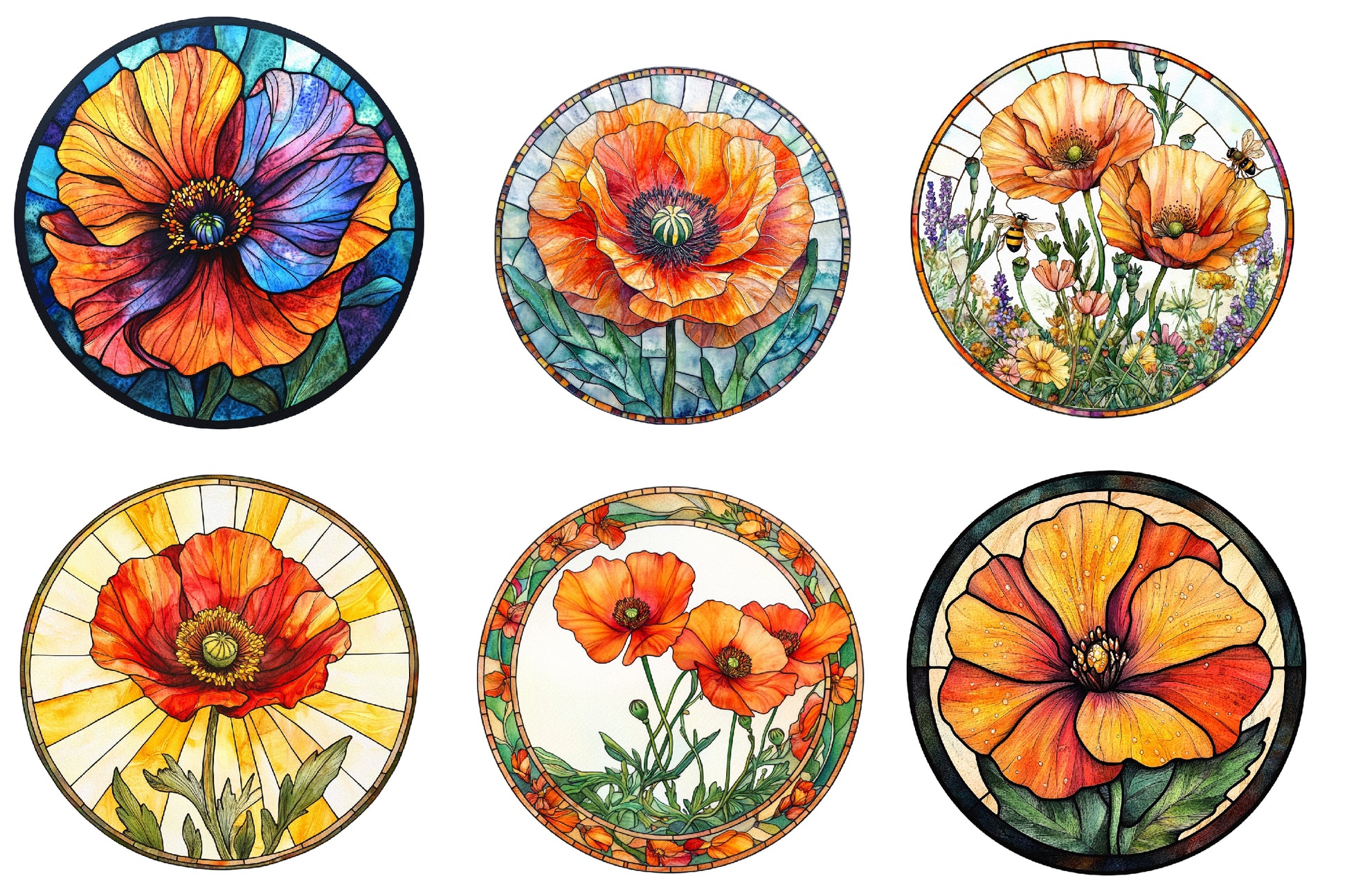 Round Stained Glass California Poppies Clipart Bundle - CraftNest - Digital Crafting and Art