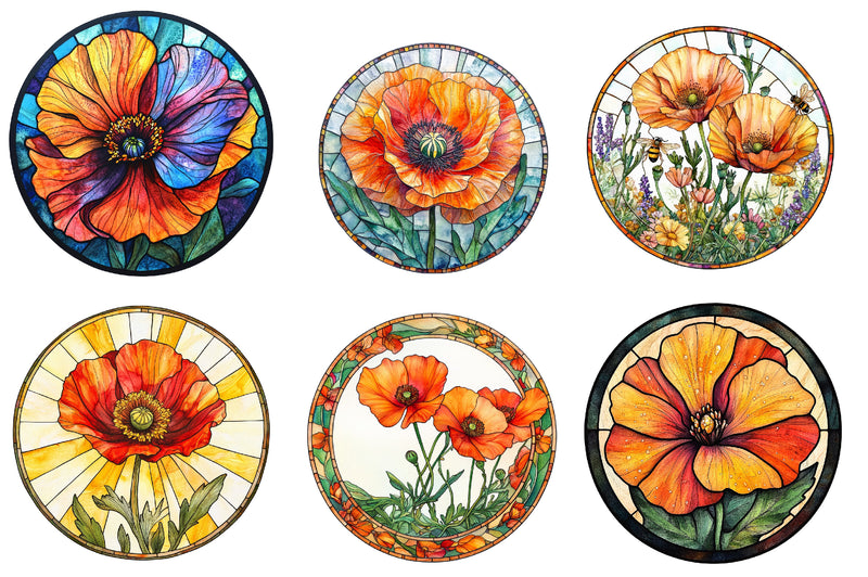 Round Stained Glass California Poppies Clipart Bundle - CraftNest - Digital Crafting and Art