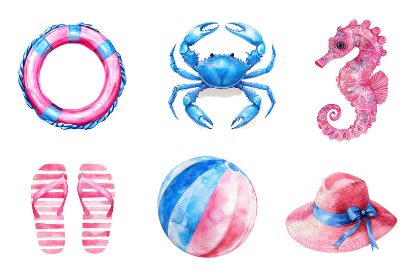Summer Pink & Blue Coastal Clipart Bundle - CraftNest - Digital Crafting and Art