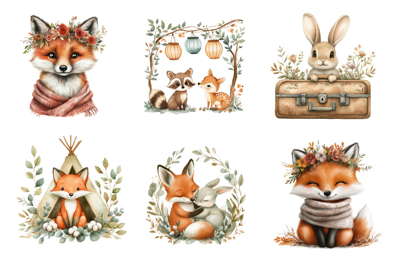 Boho Woodland Animals Cute Animals Clipart Bundle - CraftNest - Digital Crafting and Art