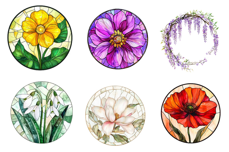 Round Stained Glass Spring Flowers Clipart Bundle - CraftNest - Digital Crafting and Art