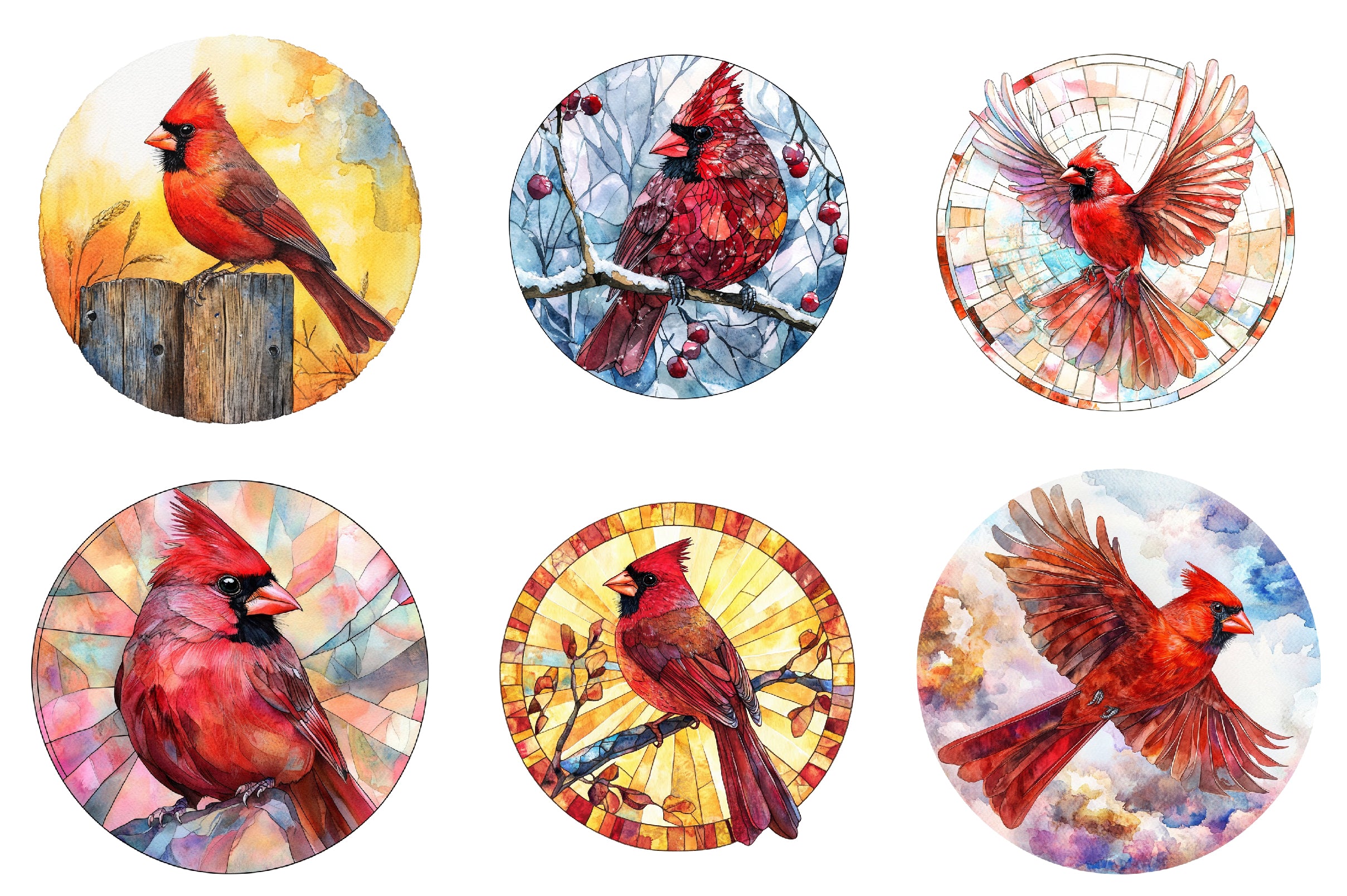 Round Stained Glass Cardinal Bird Clipart Bundle - CraftNest - Digital Crafting and Art
