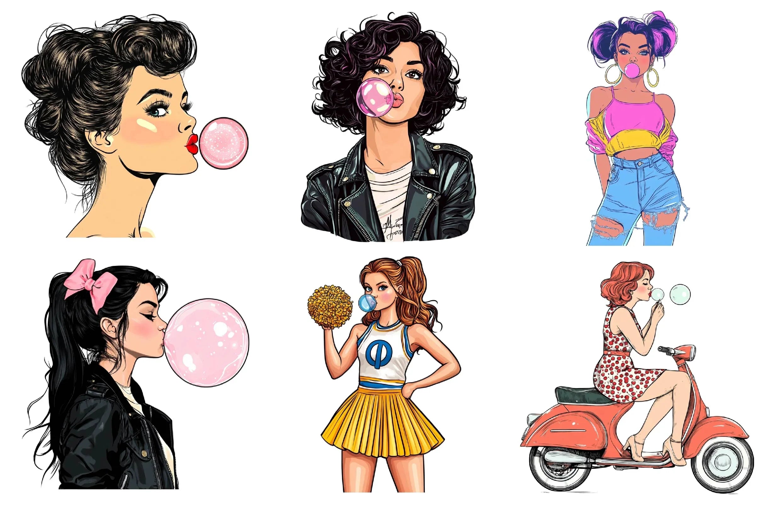 Retro Girl Blowing A Bubblegum Clipart Bundle 1 - CraftNest - Digital Crafting and Art
