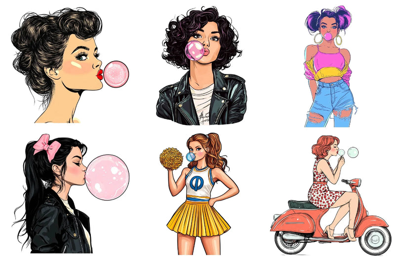 Retro Girl Blowing A Bubblegum Clipart Bundle 1 - CraftNest - Digital Crafting and Art