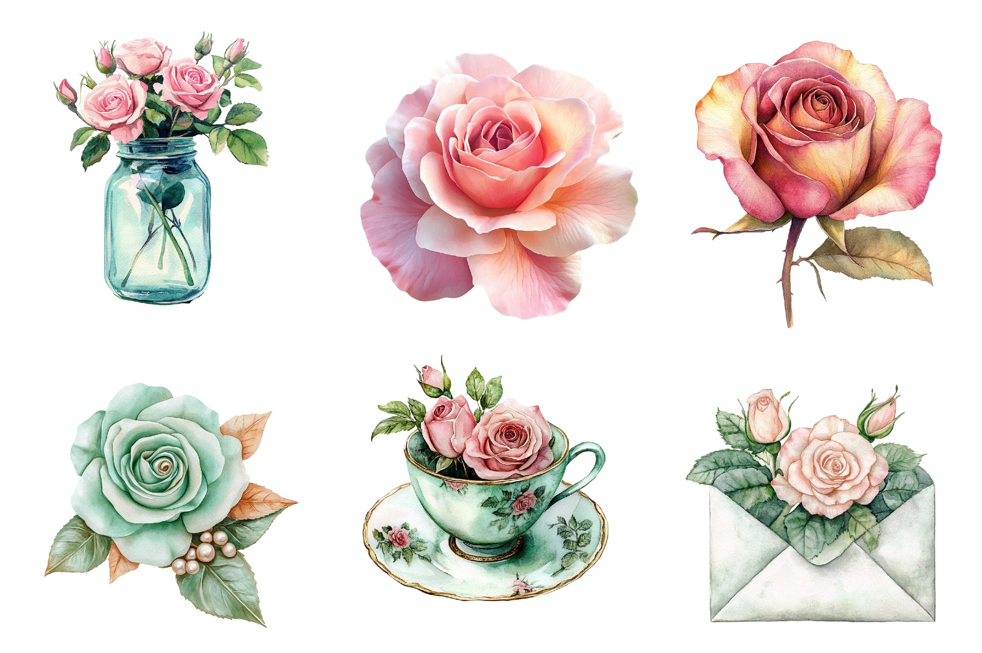 Mint And Pink Rose Garden Clipart Bundle - CraftNest - Digital Crafting and Art