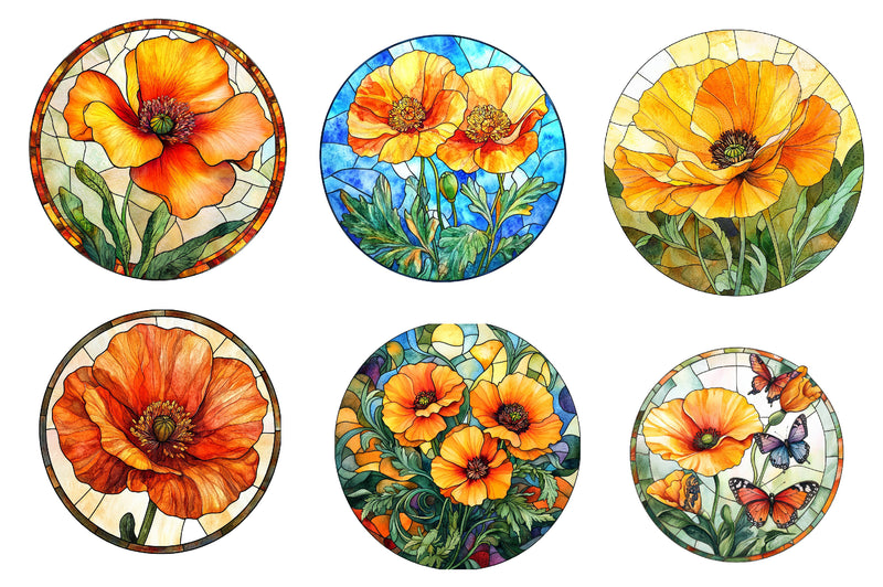 Round Stained Glass California Poppies Clipart Bundle - CraftNest - Digital Crafting and Art