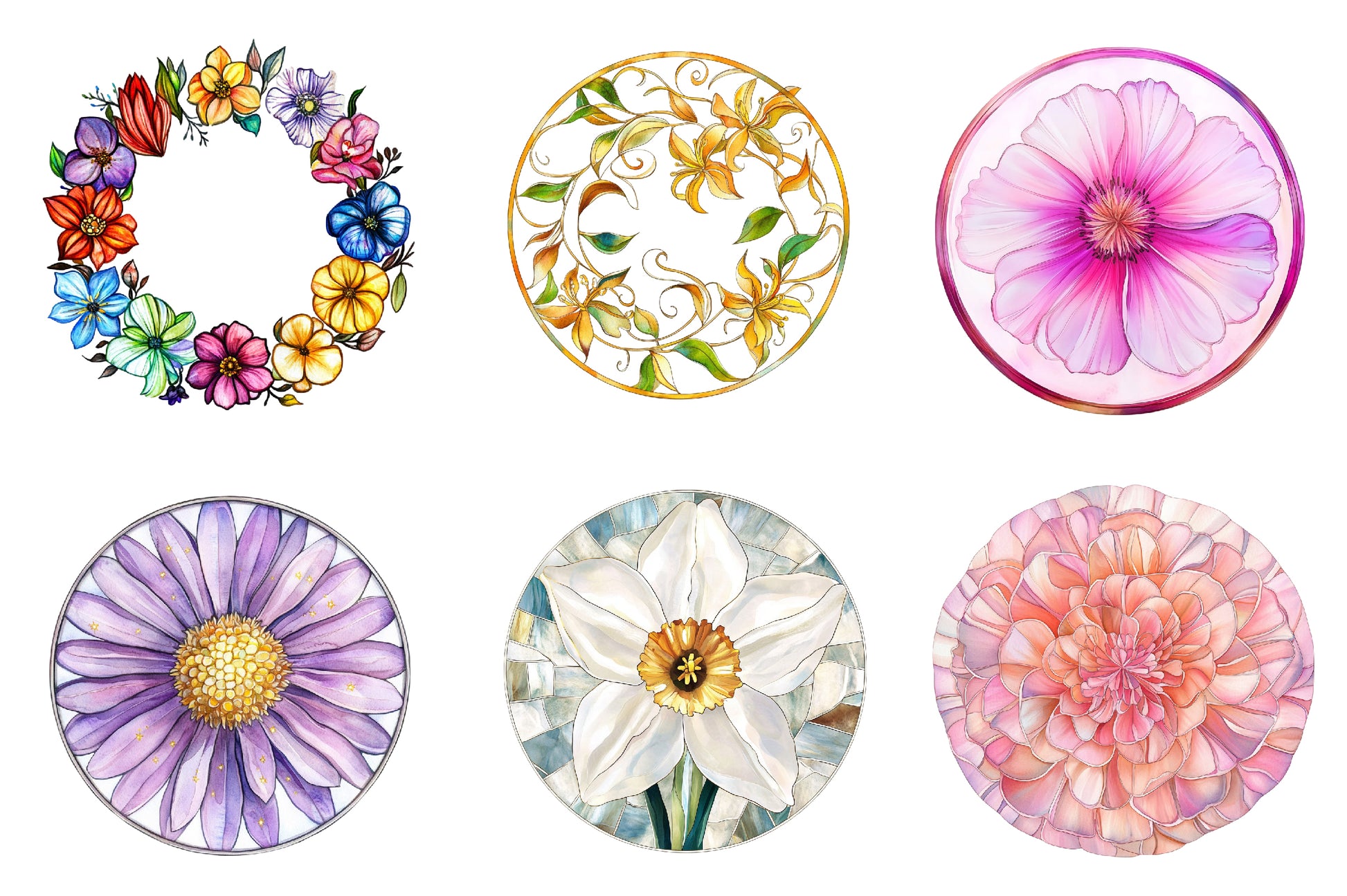 Round Stained Glass Of Birth Month Flowers Clipart Bundle - CraftNest - Digital Crafting and Art