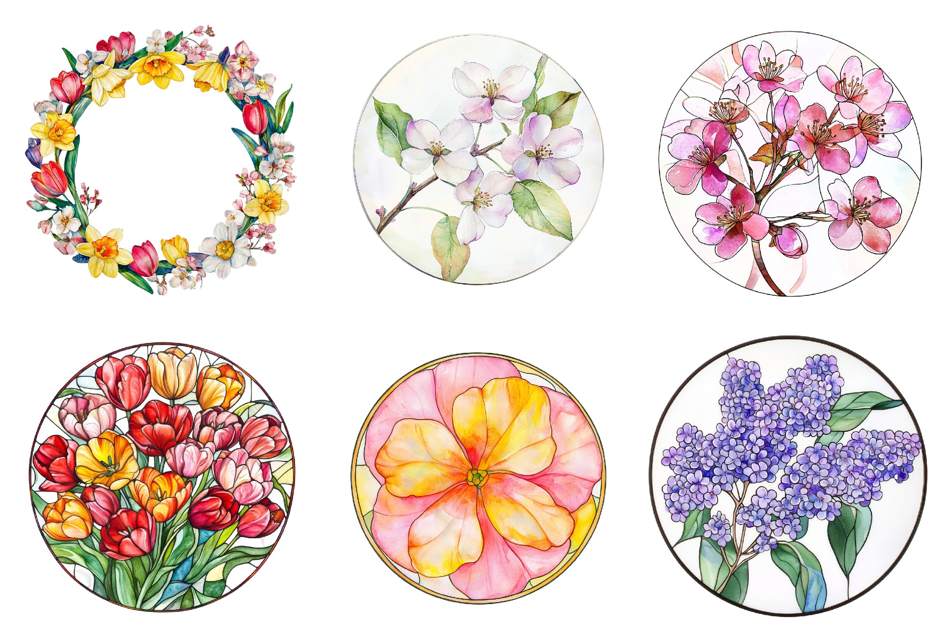 Round Stained Glass Spring Flowers Clipart Bundle - CraftNest - Digital Crafting and Art
