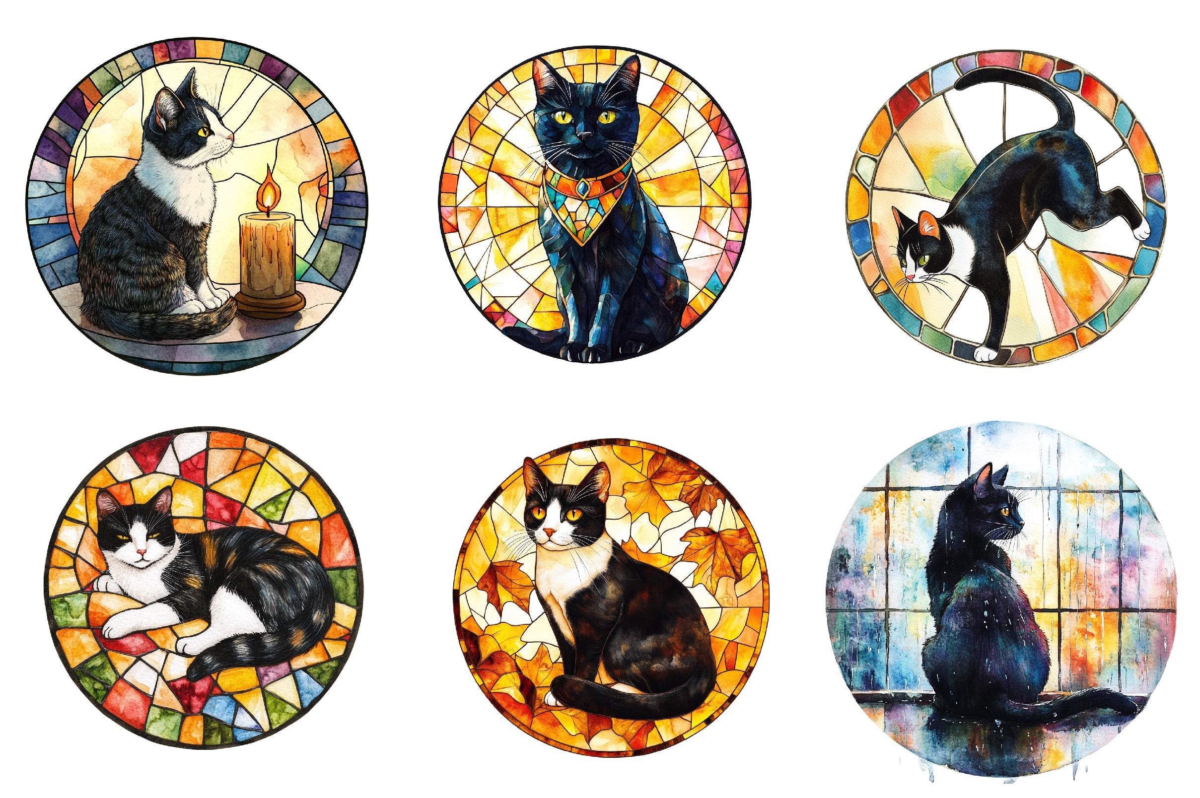 Round Stained Glass Tuxedo Cat Clipart Bundle - CraftNest - Digital Crafting and Art